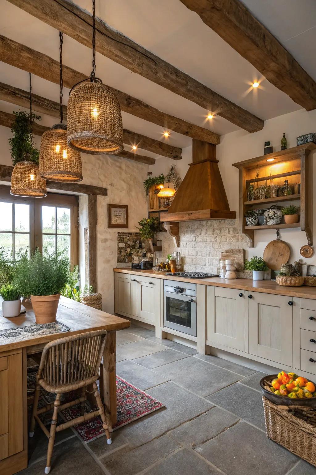 Visible timber beams adding countryside charm to a modern kitchen.
