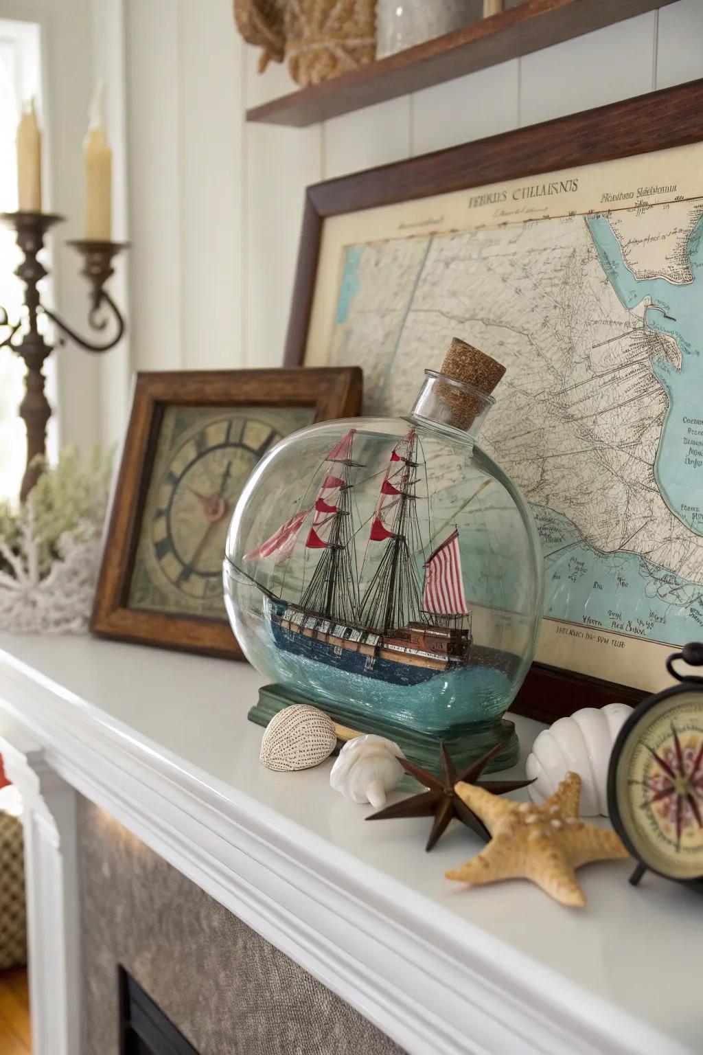 This vessel within a bottle is a timeless decorative element associated with the sea.