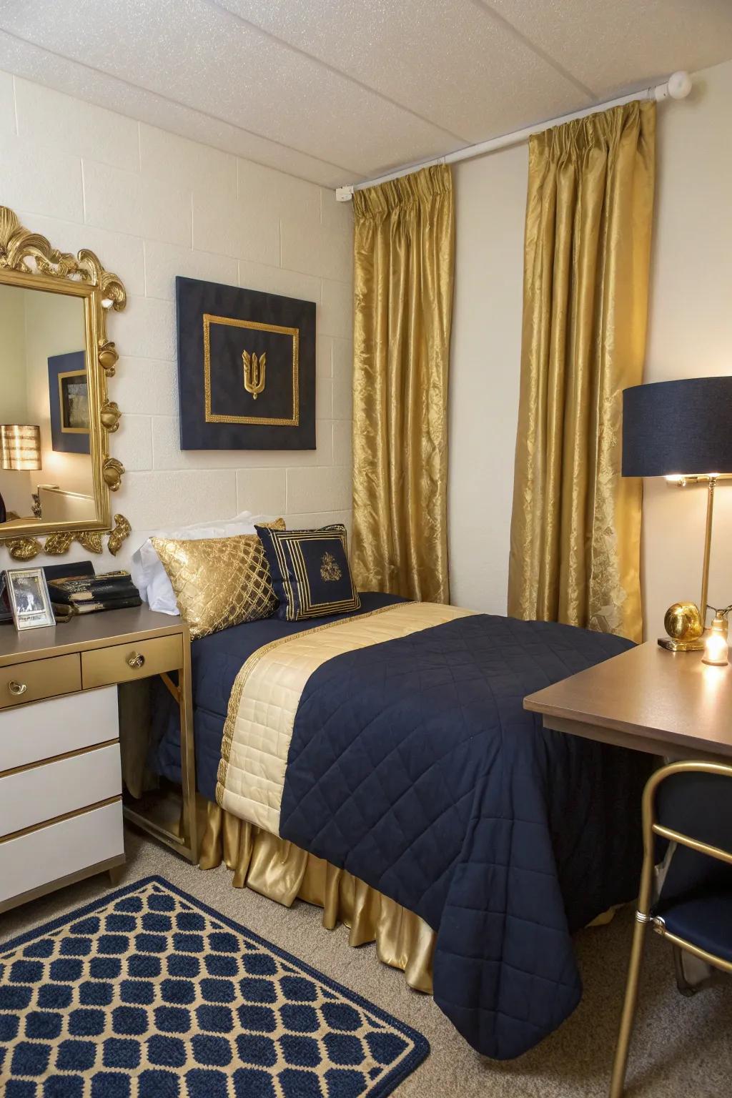 Gilded accents provide a stunning contrast to the rich tones of navy blue.