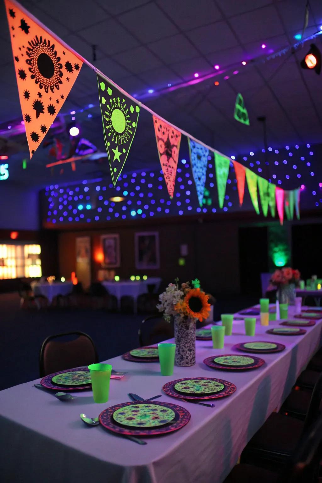 Handmade glow-in-the-dark signs and table arrangements contributing a distinctive element to a radiant-themed gathering.