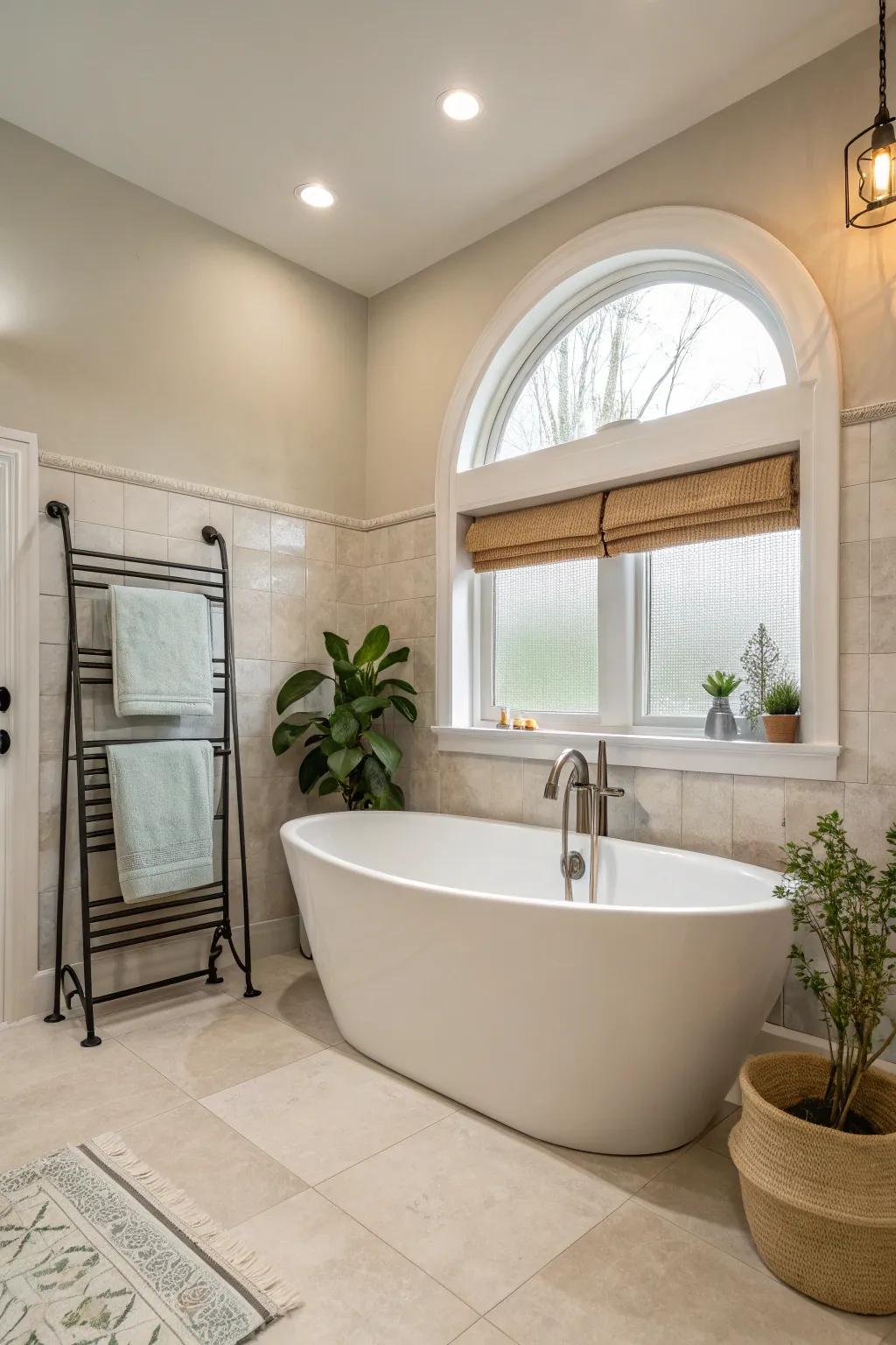 A standalone tub functions as a lavish centerpiece.