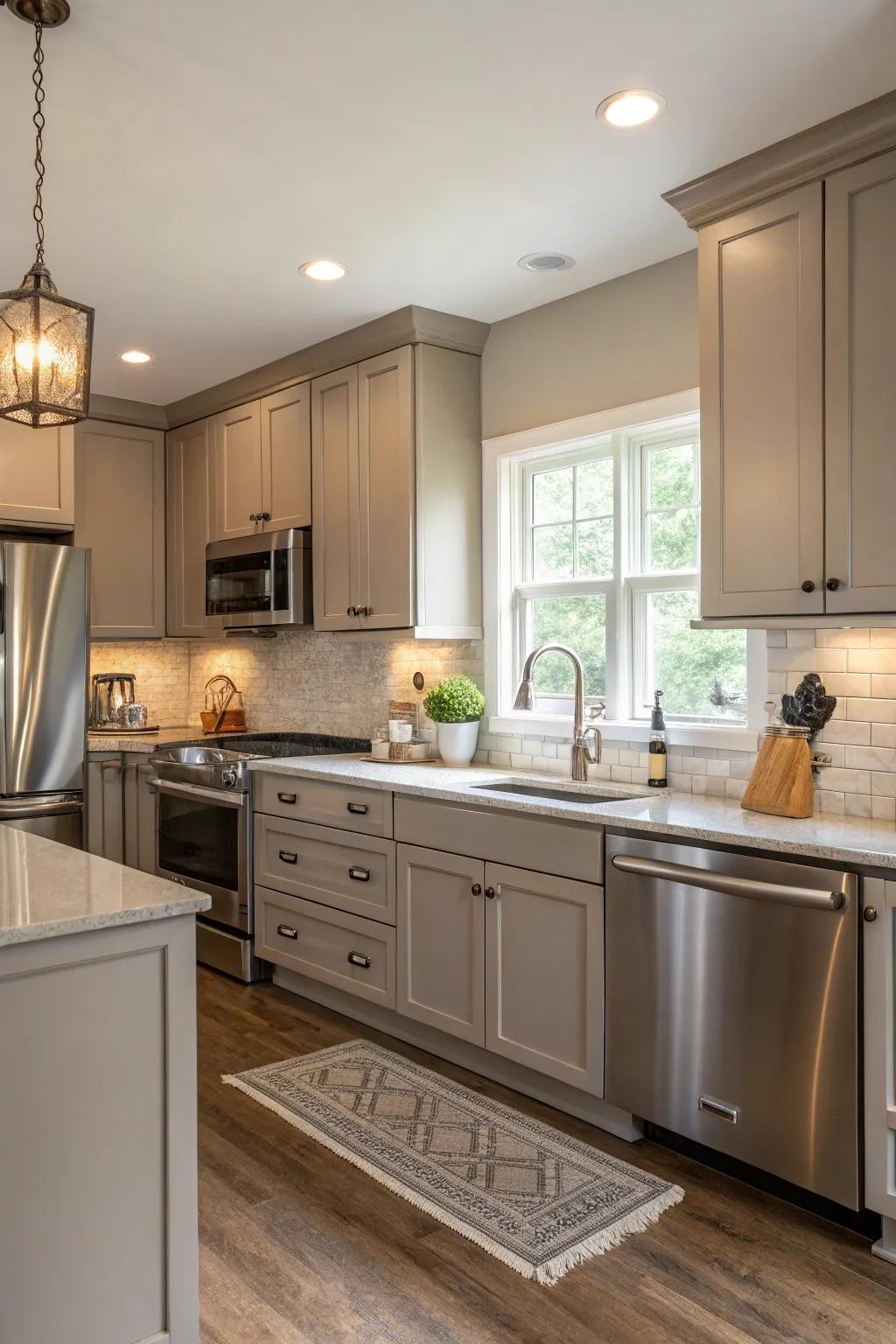 Taupe strikes a balance between warmth and coolness in a stylish kitchen environment.