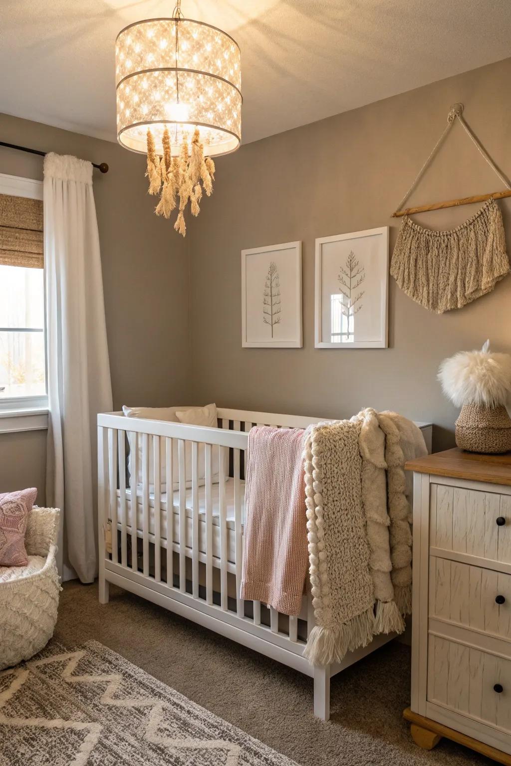 A harmonious nursery showcasing stone hues.