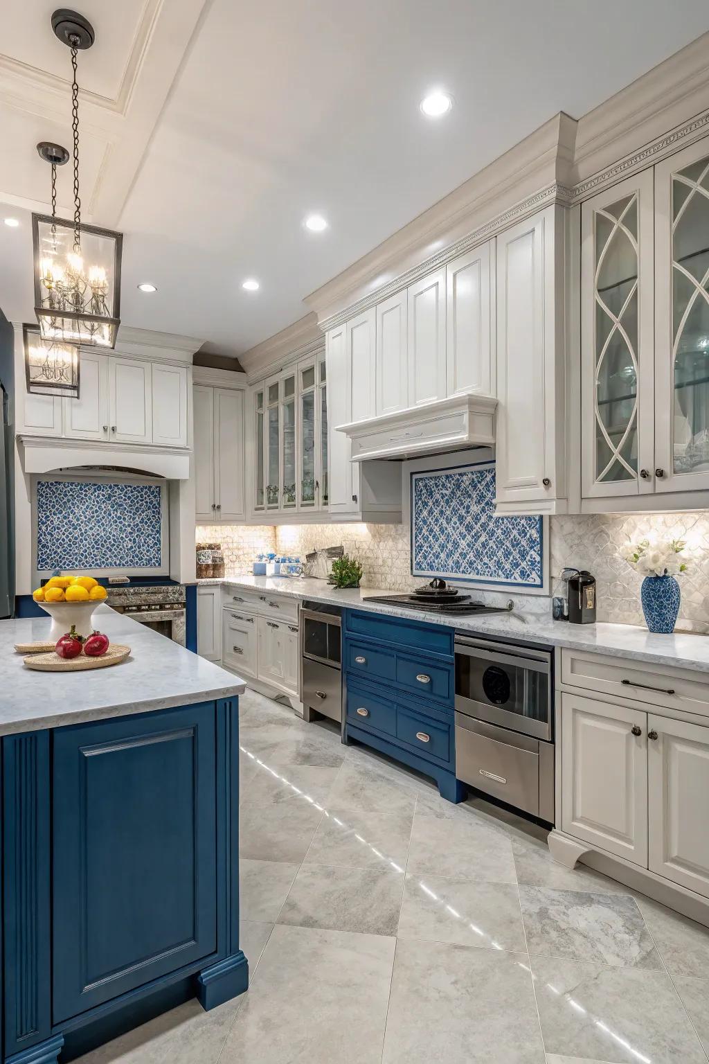 A cooking area showcasing a fusion of subtle and profound azure hues.