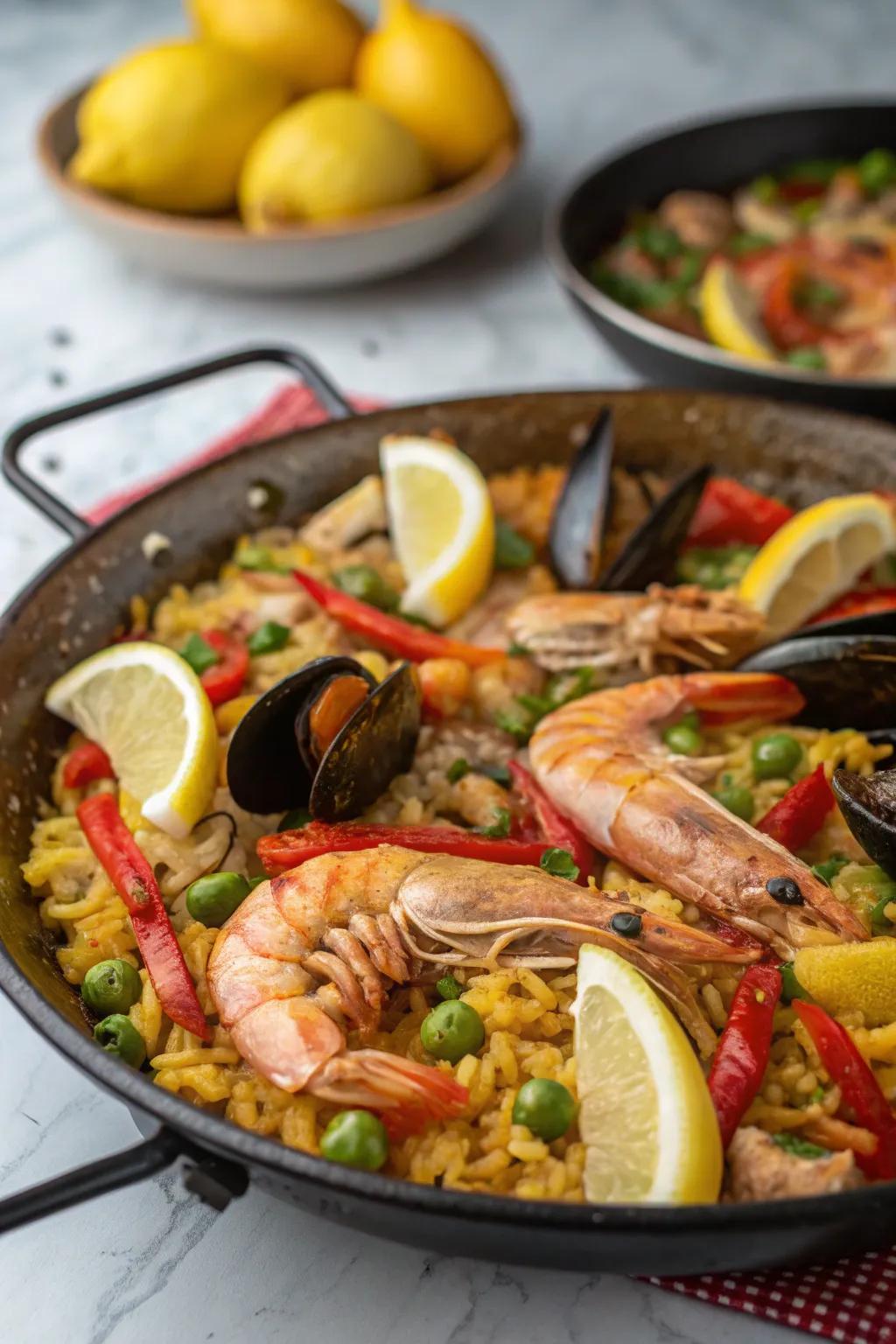 A vibrant seafood paella, the perfect centerpiece for a festive New Year's gathering.