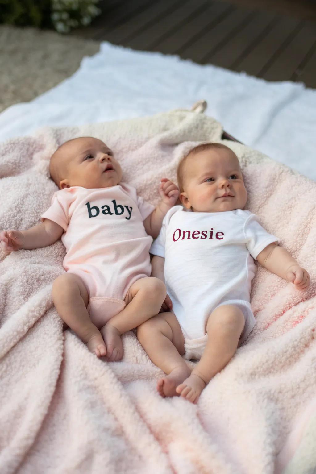 Matching bodysuits bring smiles and style to twins' wardrobes.