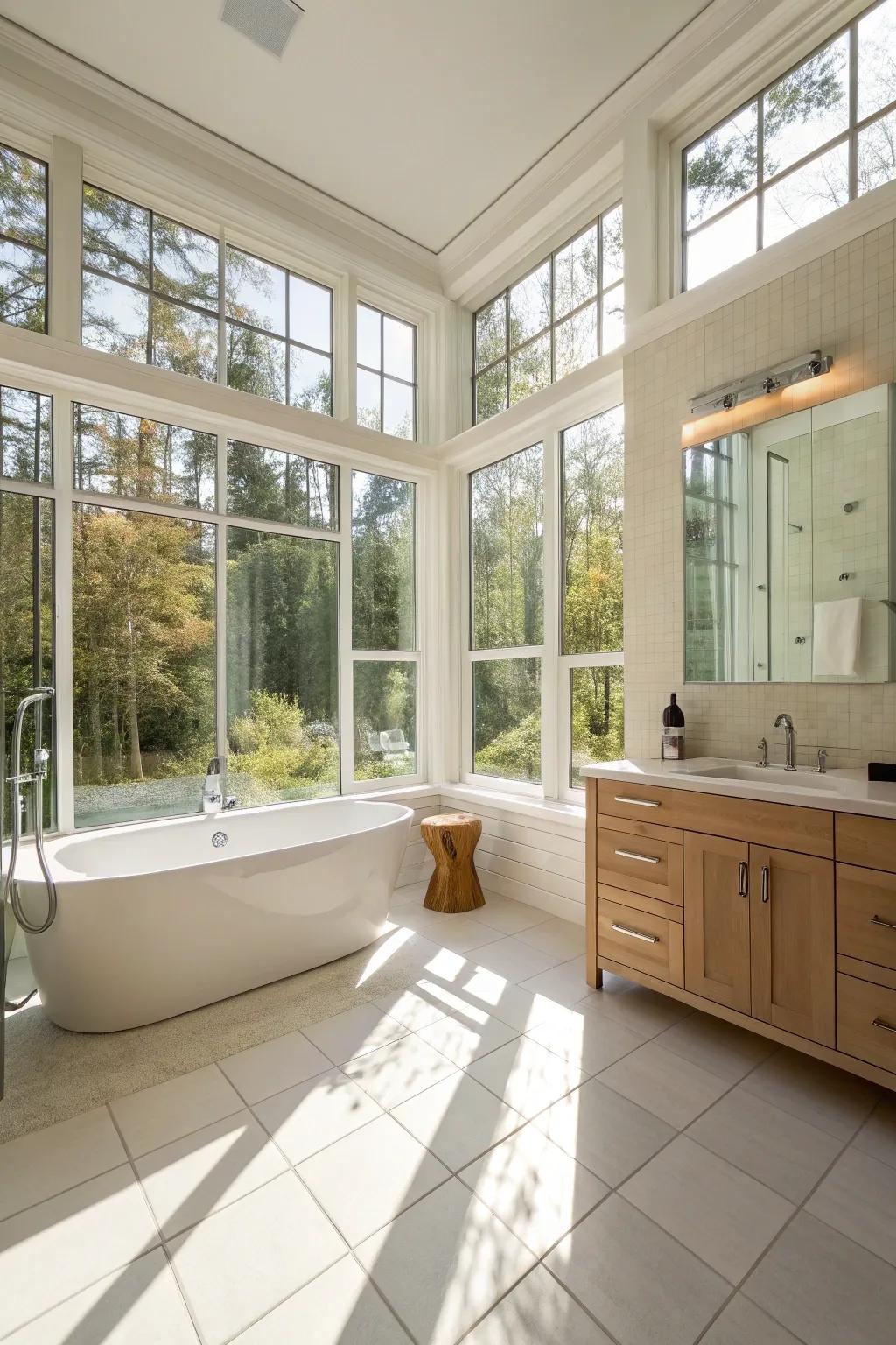 A bright bathroom illuminated by natural light streaming through large windows.