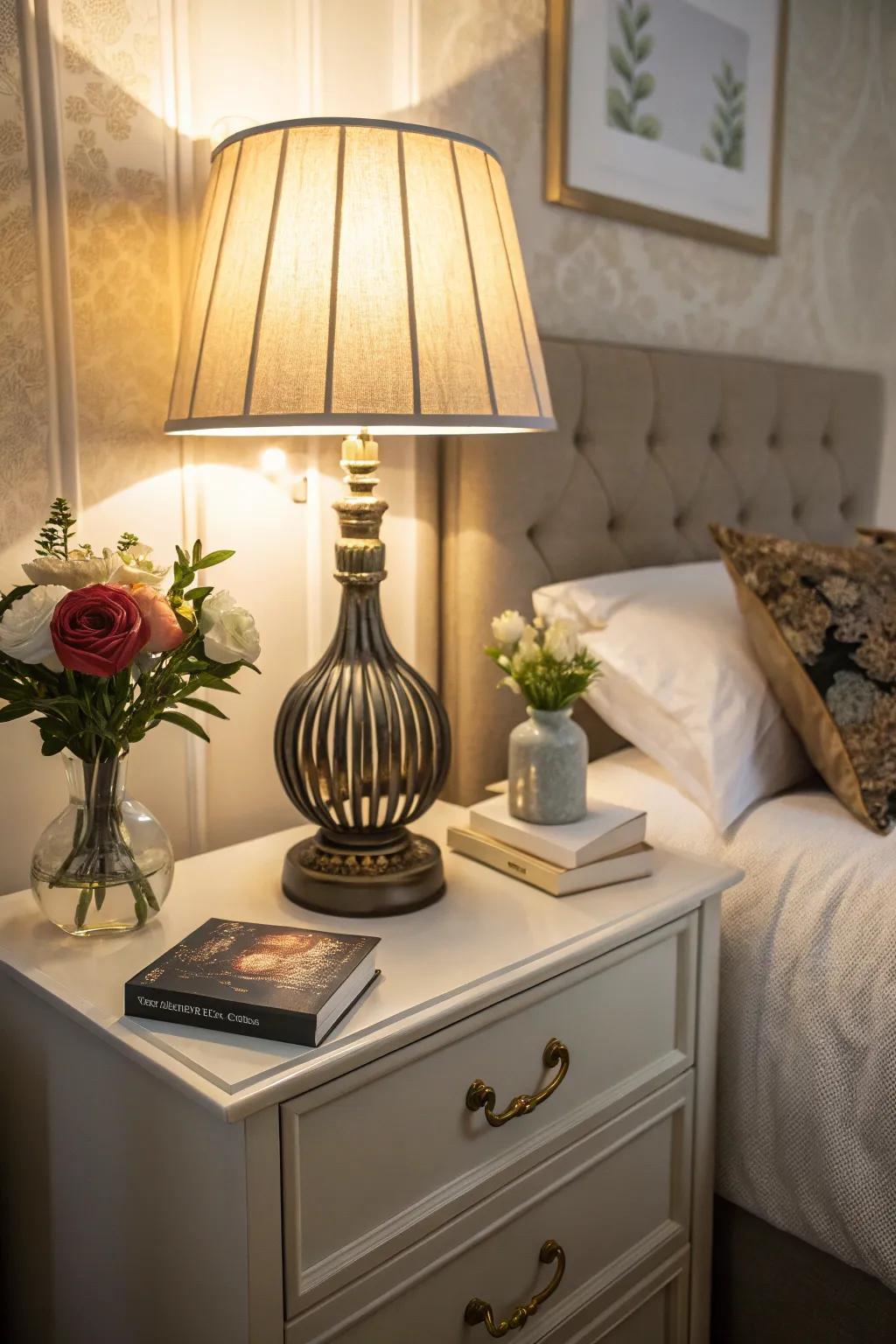 Make an impression with a specially designed lamp atop your nightstand.