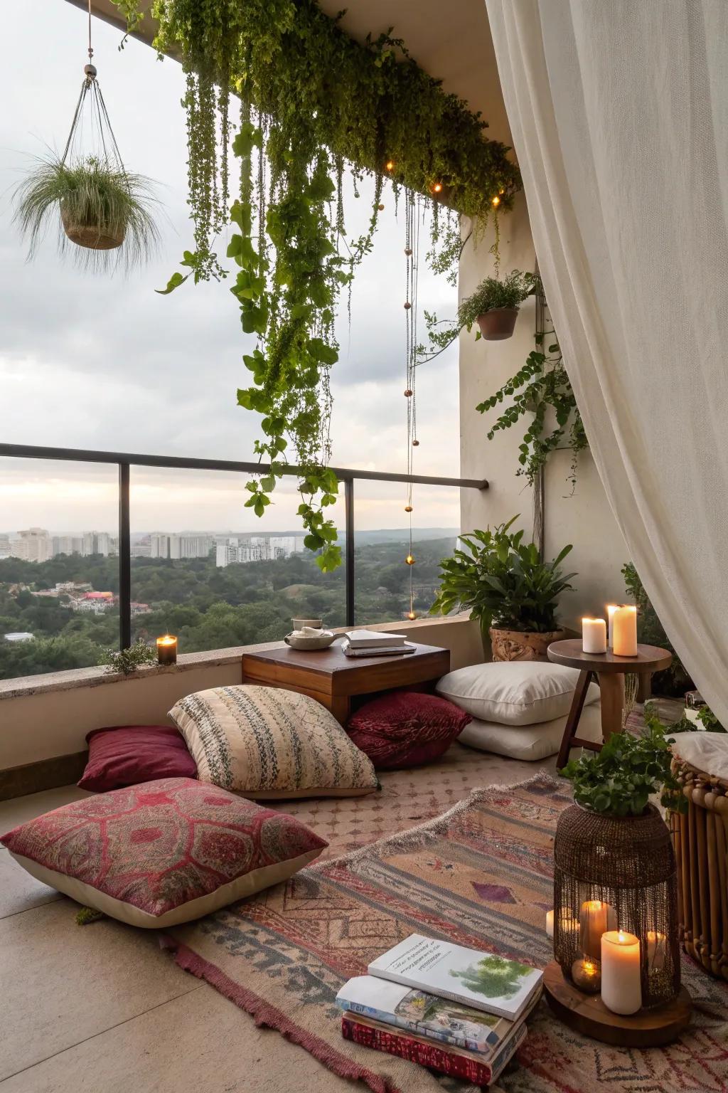 Build a tranquil outdoor nook on your balcony with free-spirited charm and greenery.