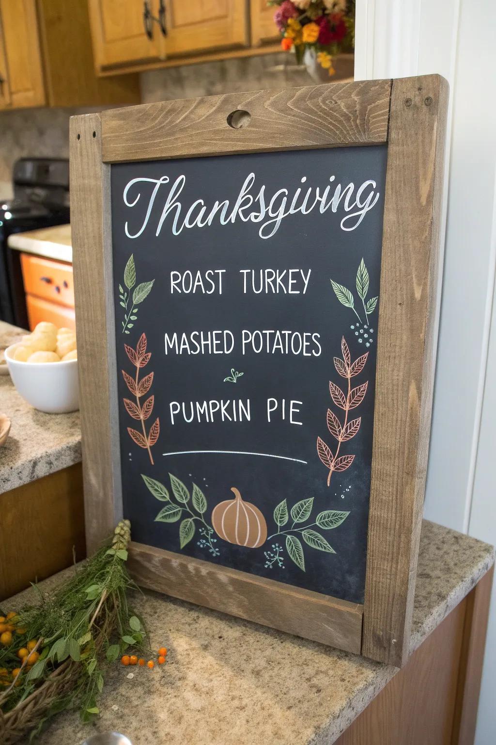 A sophisticated Thanksgiving menu displayed on a chalkboard, establishing the atmosphere for a festive assembly.