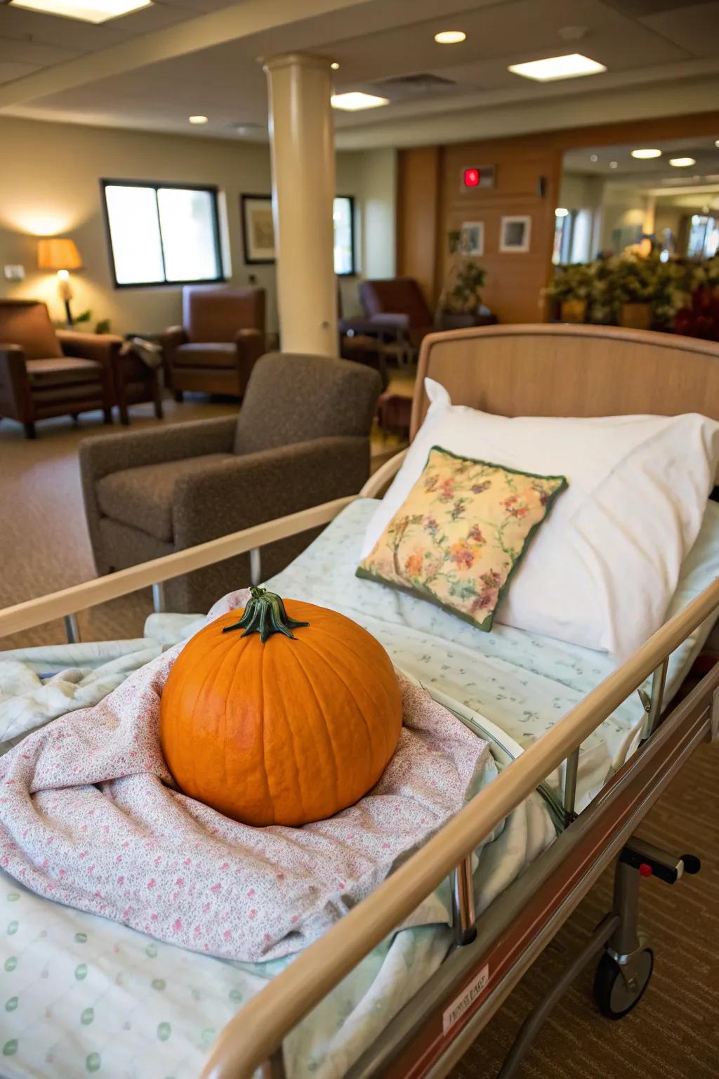 A pumpkin patient injects humor into the assisted living facility's decor.