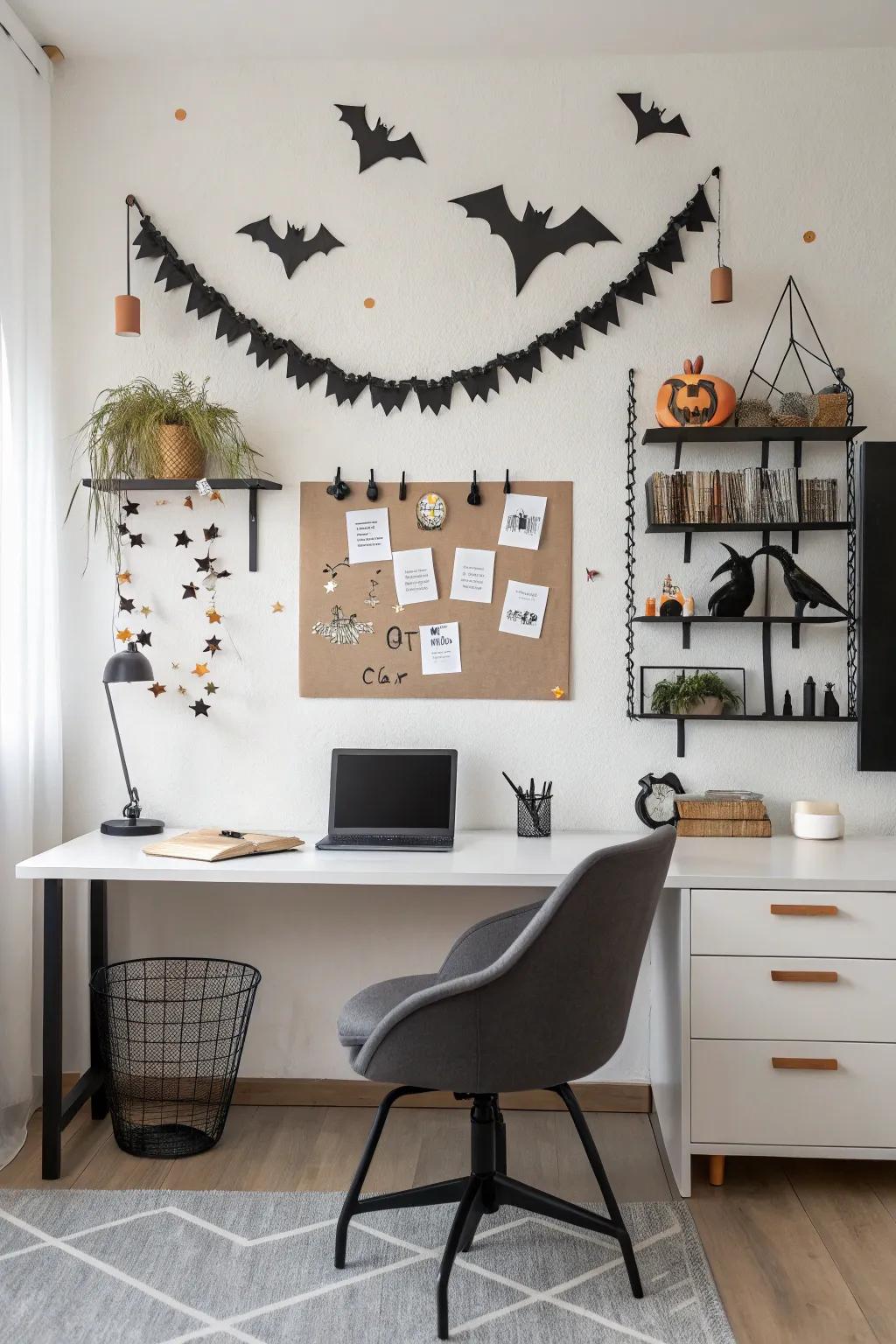 A modern home office bulletin board decorated for Halloween.