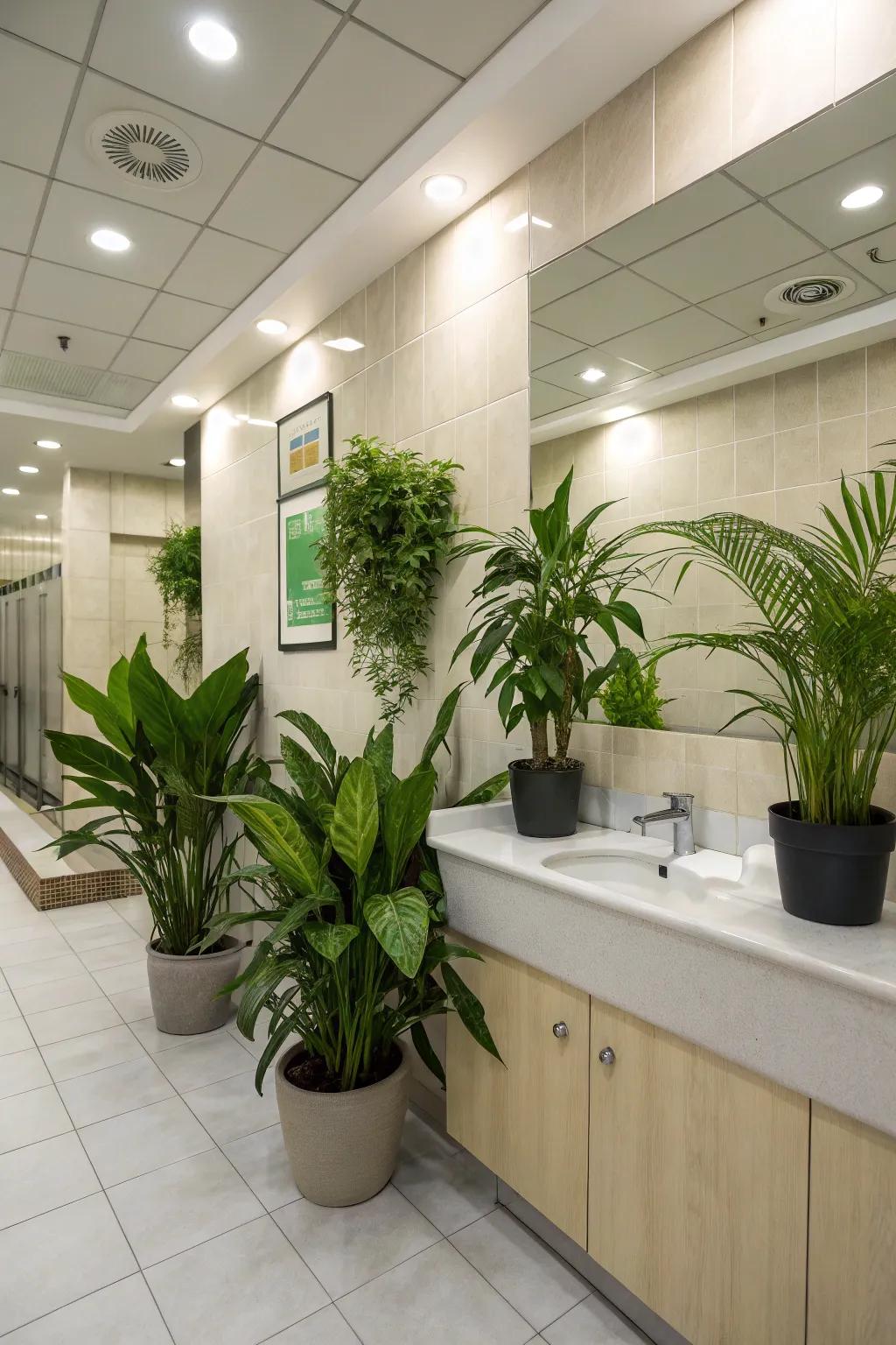 Lush greenery introduces a refreshing natural element to the office bathroom.