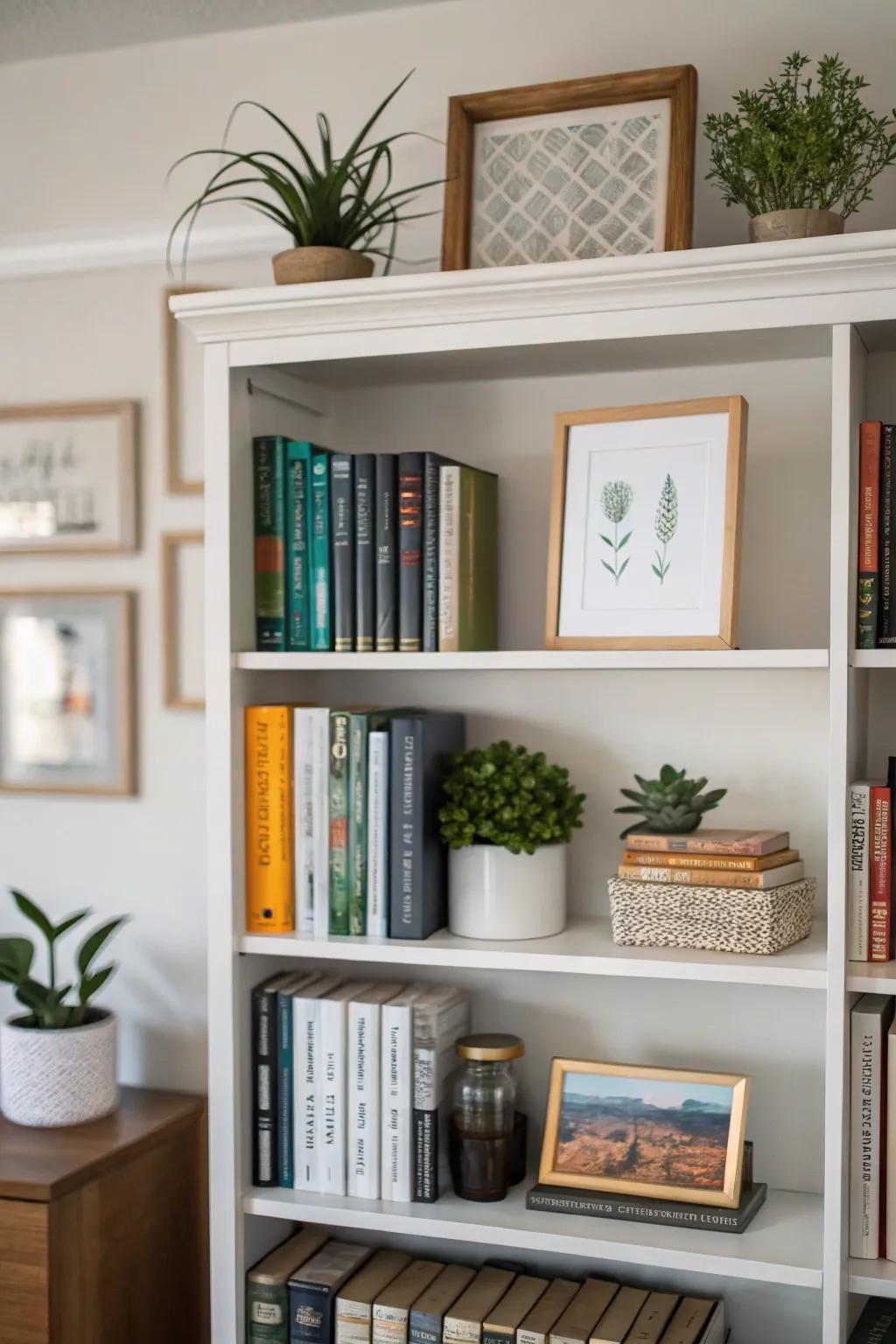 Attractive embellishments add character to office bookshelves.