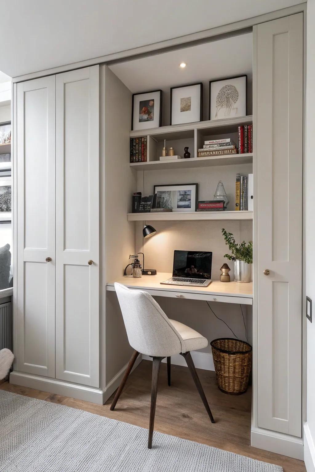 Maintain a hidden workspace through a stylish desk cabinet.