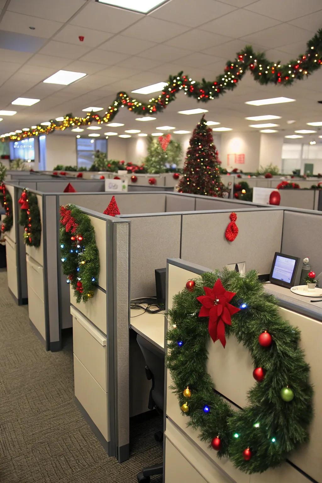 Themed arrangements impart a consistent festive atmosphere to the office.