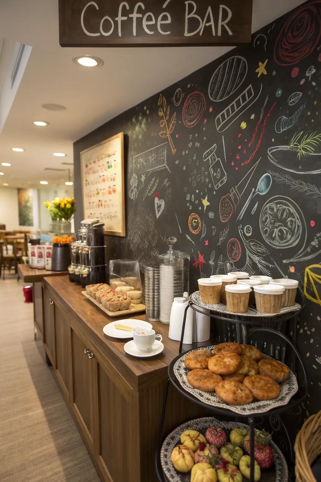 A chalkboard wall enhances character and stimulates interaction in your coffee bar.