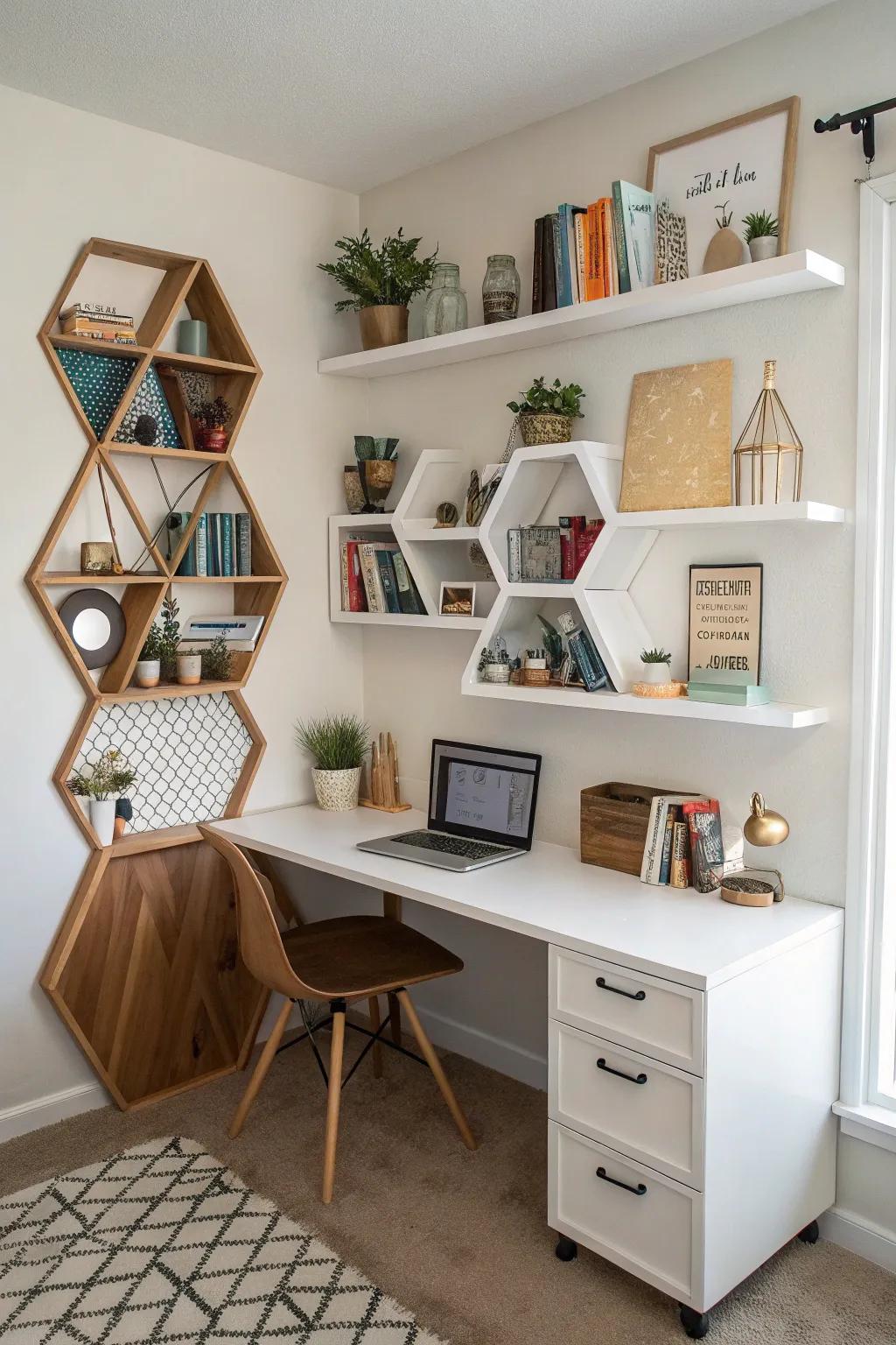Polyhedral sanctuaries transmute your office nook into a canvas of artistry.