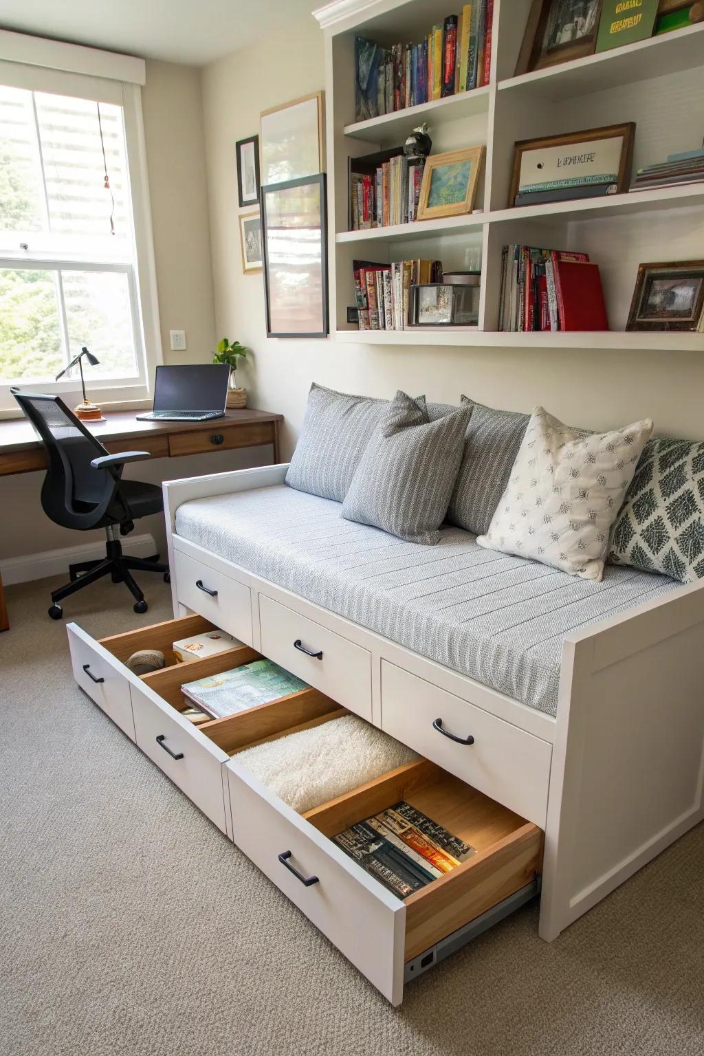 A daybed with concealed storage ensures a clutter-free office.