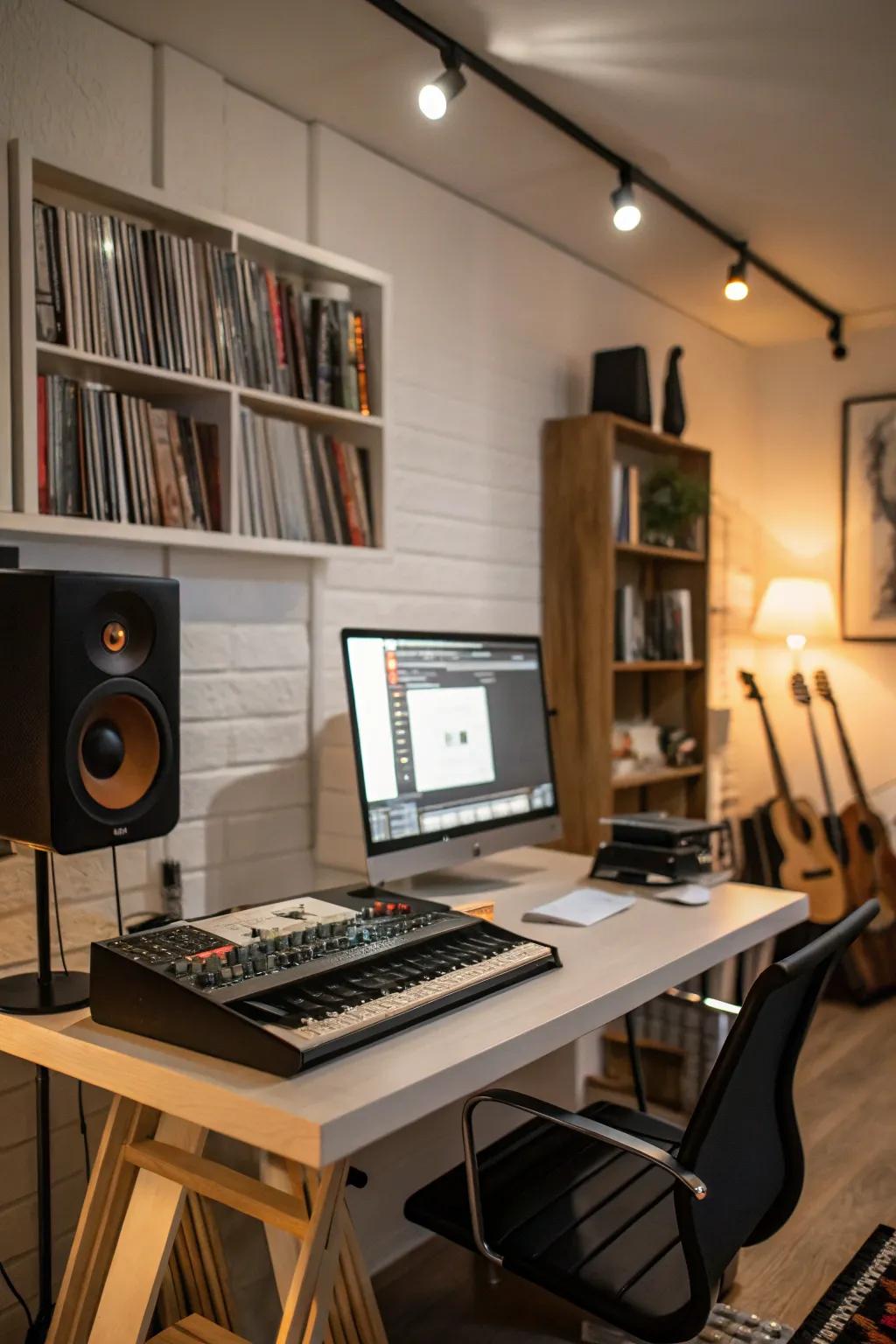 A versatile workstation accommodates both professional tasks and music production.