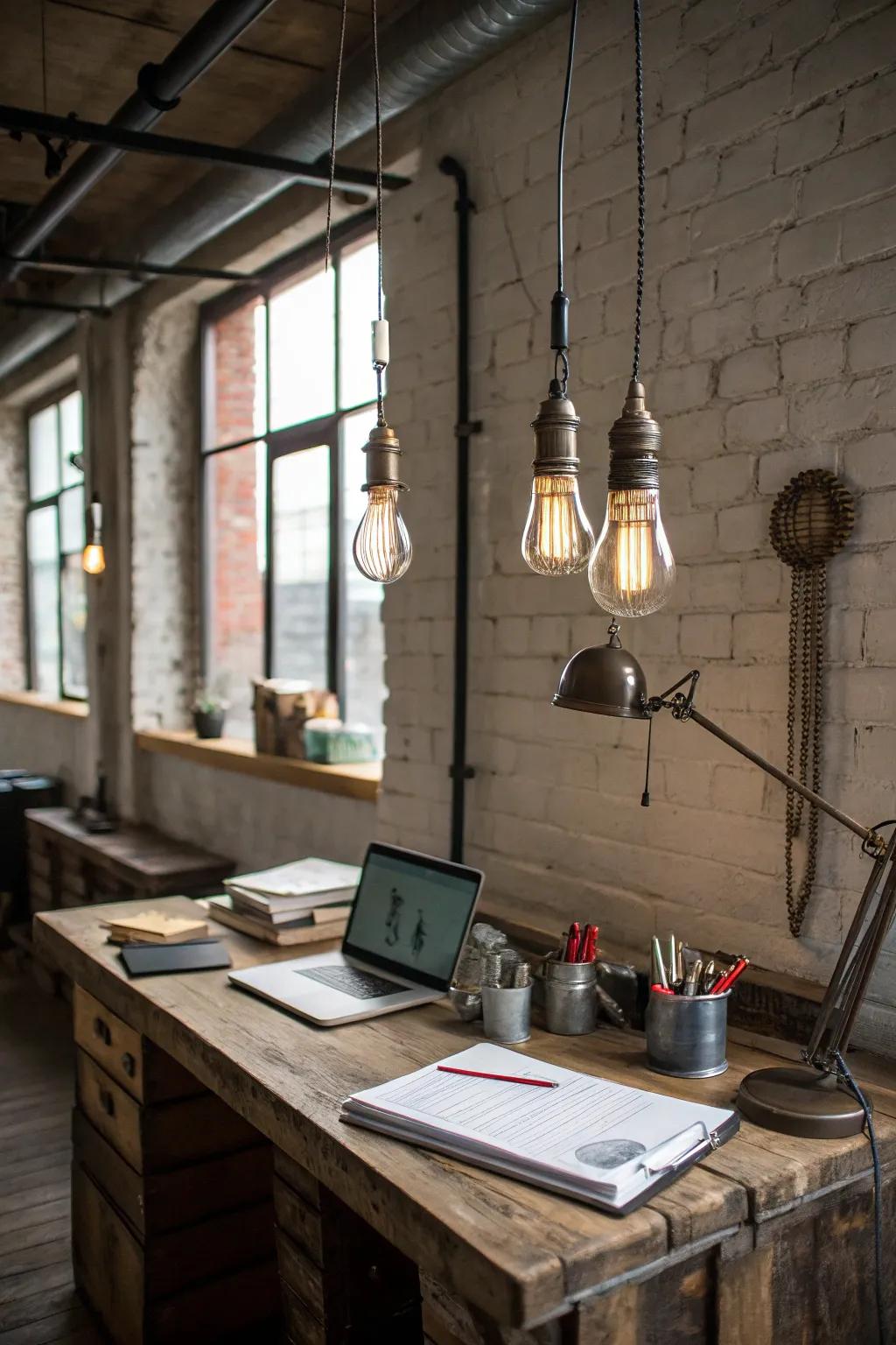Get an urban-chic look using metal pendant lights and exposed bulbs.