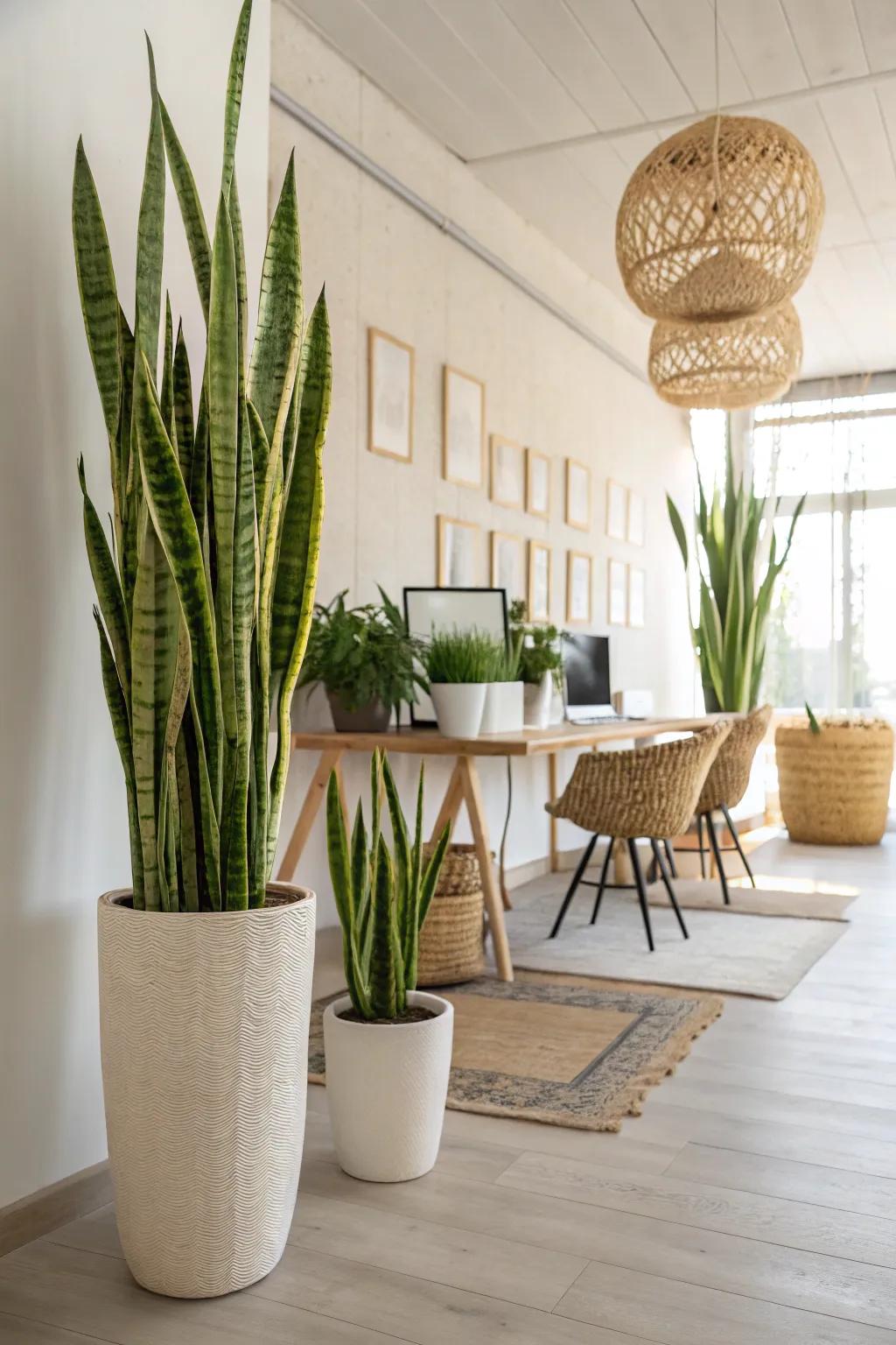 Utilize sky-high lance plants to establish natural dividers in your office, injecting a hint of green into your area.