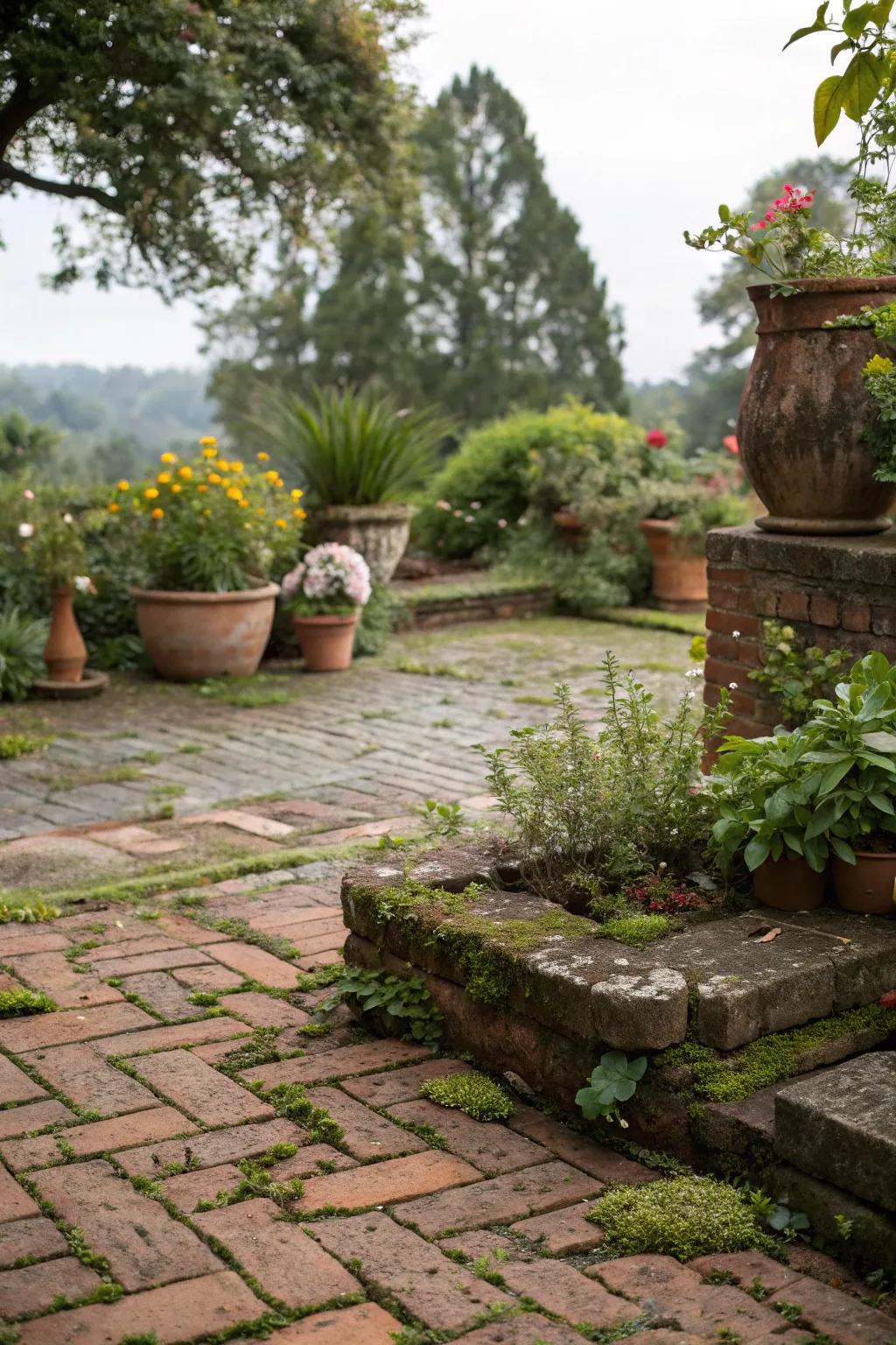 Containerized flora elevates the rustic allure of this brick patio