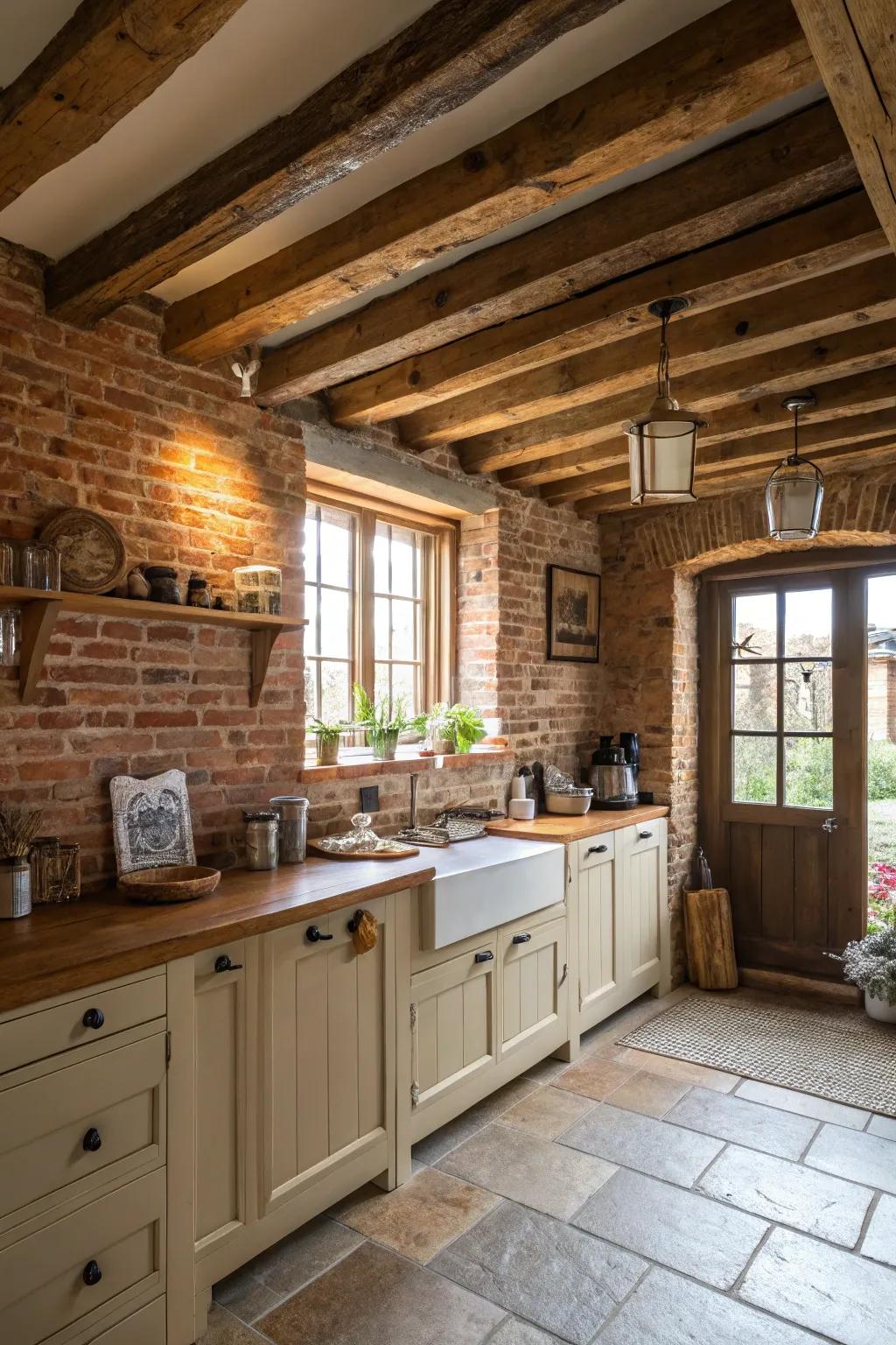 Exposed beams and brickwork create a country and cozy atmosphere.