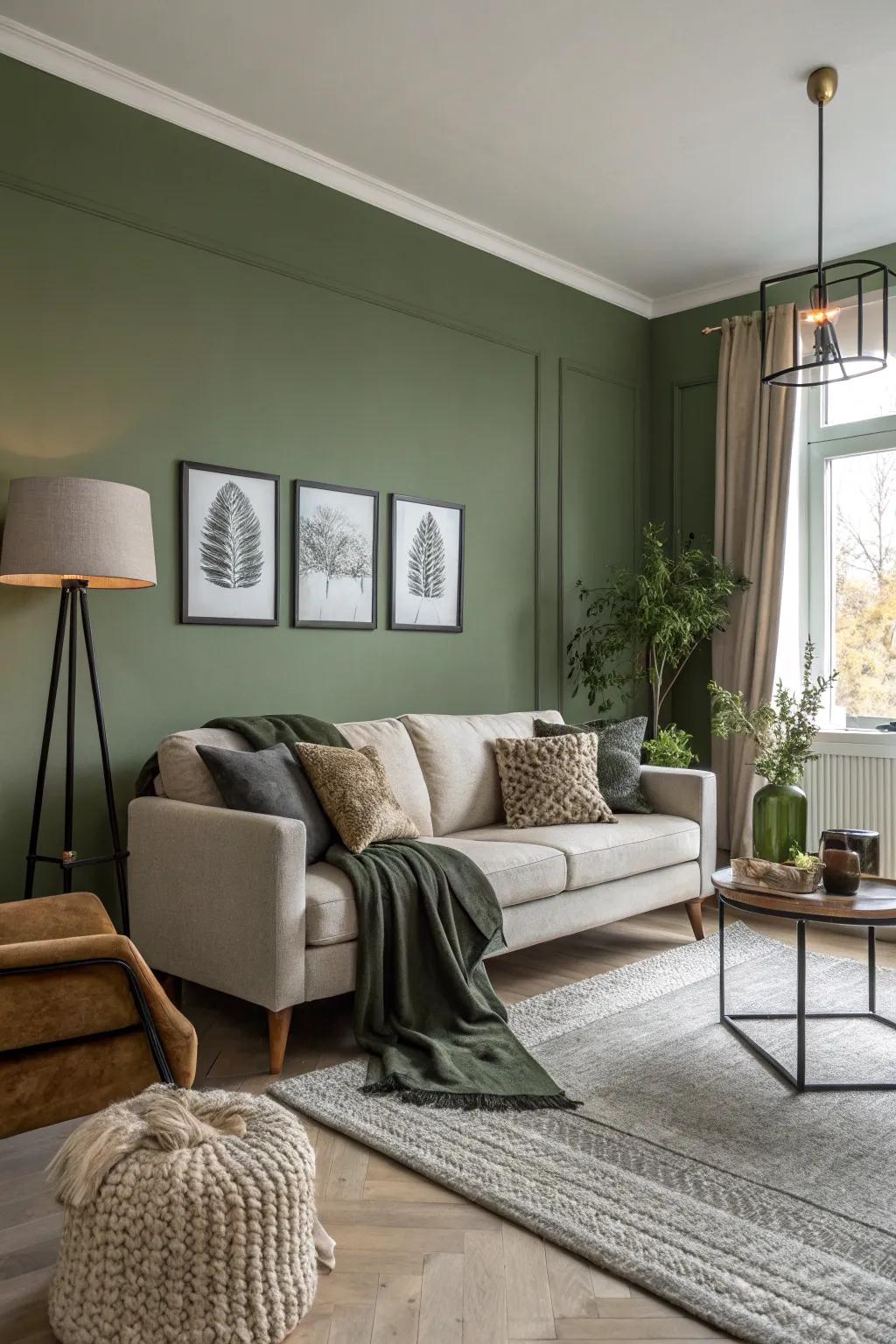 Modern and comfortable design features harmoniously coexist with olive green walls.