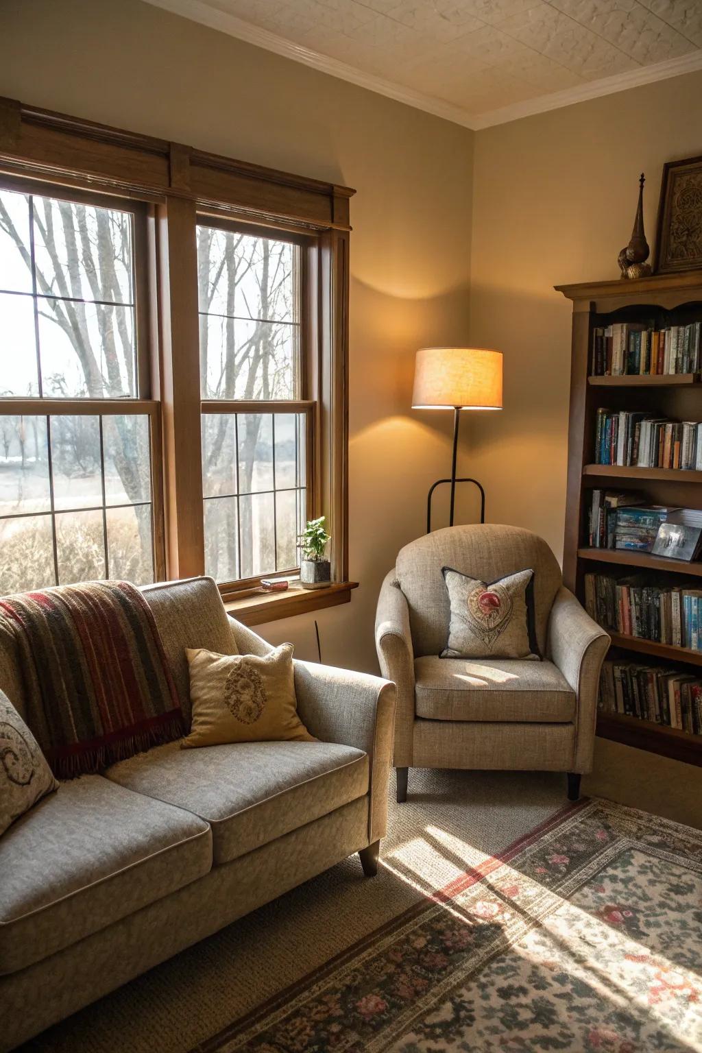 A cozy reading nook with side chairs around the couch.