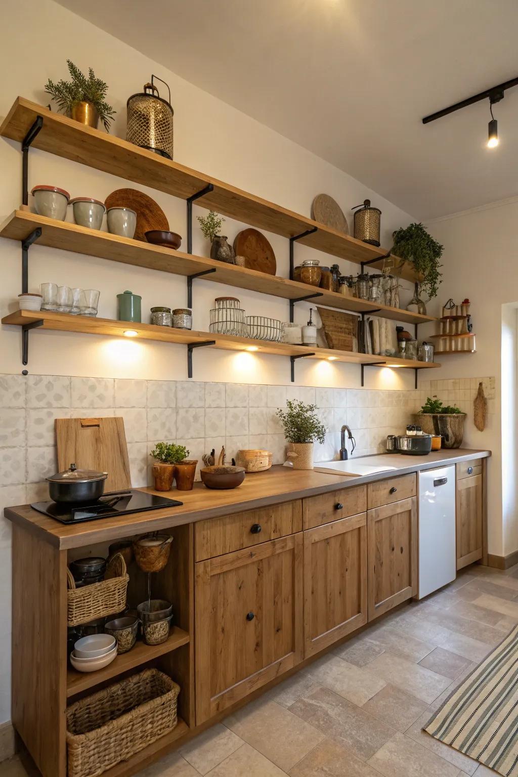 Exposed shelving in a single-wall kitchen exhibiting decorative culinary items.