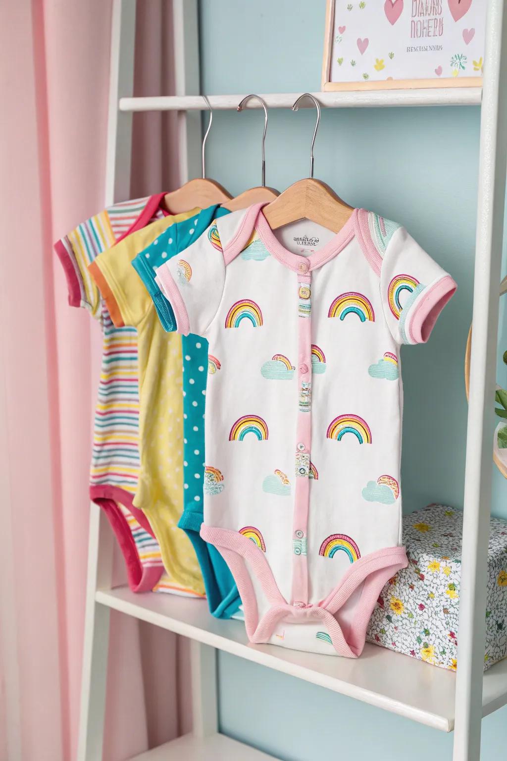 A wonderful assortment of rainbow-themed onesies.