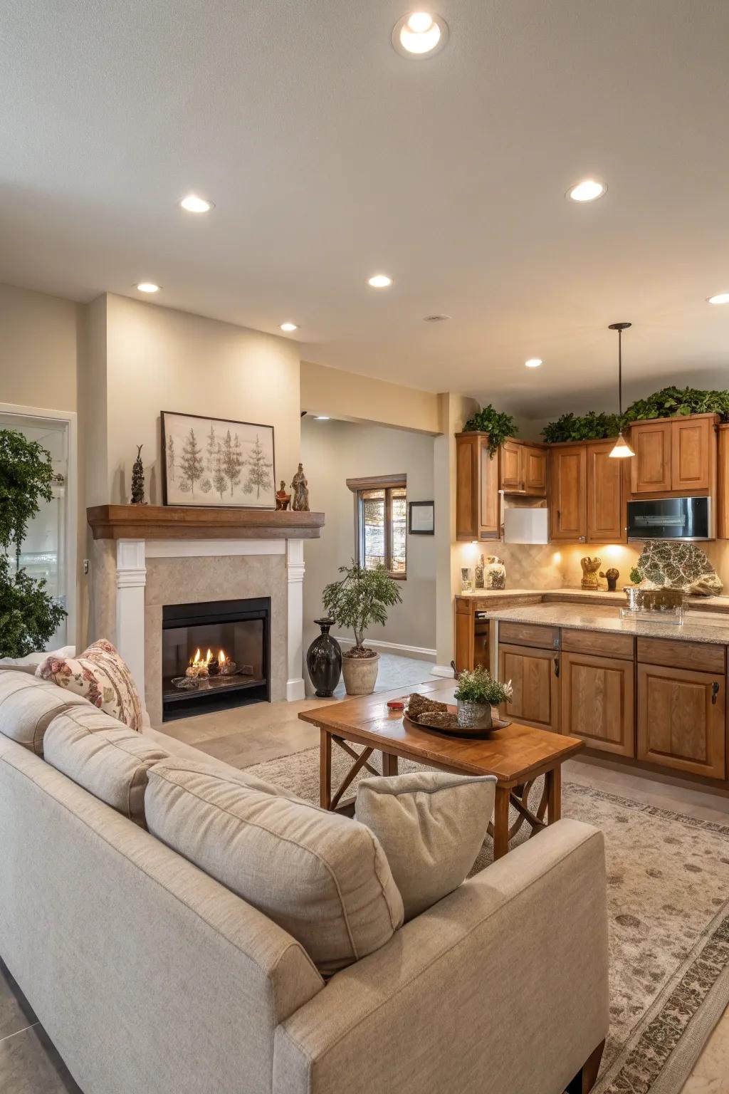 Subtle shades come together with comforting details in a harmonious open area.