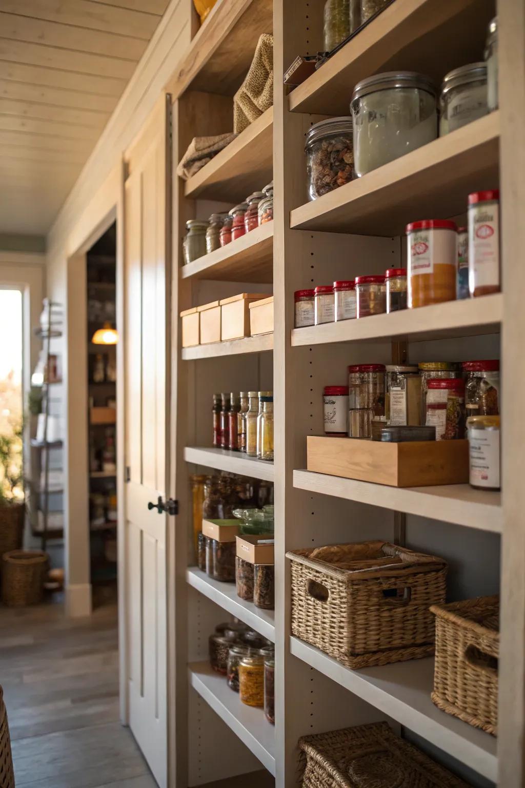 High shelves optimize available storage within an open pantry environment.