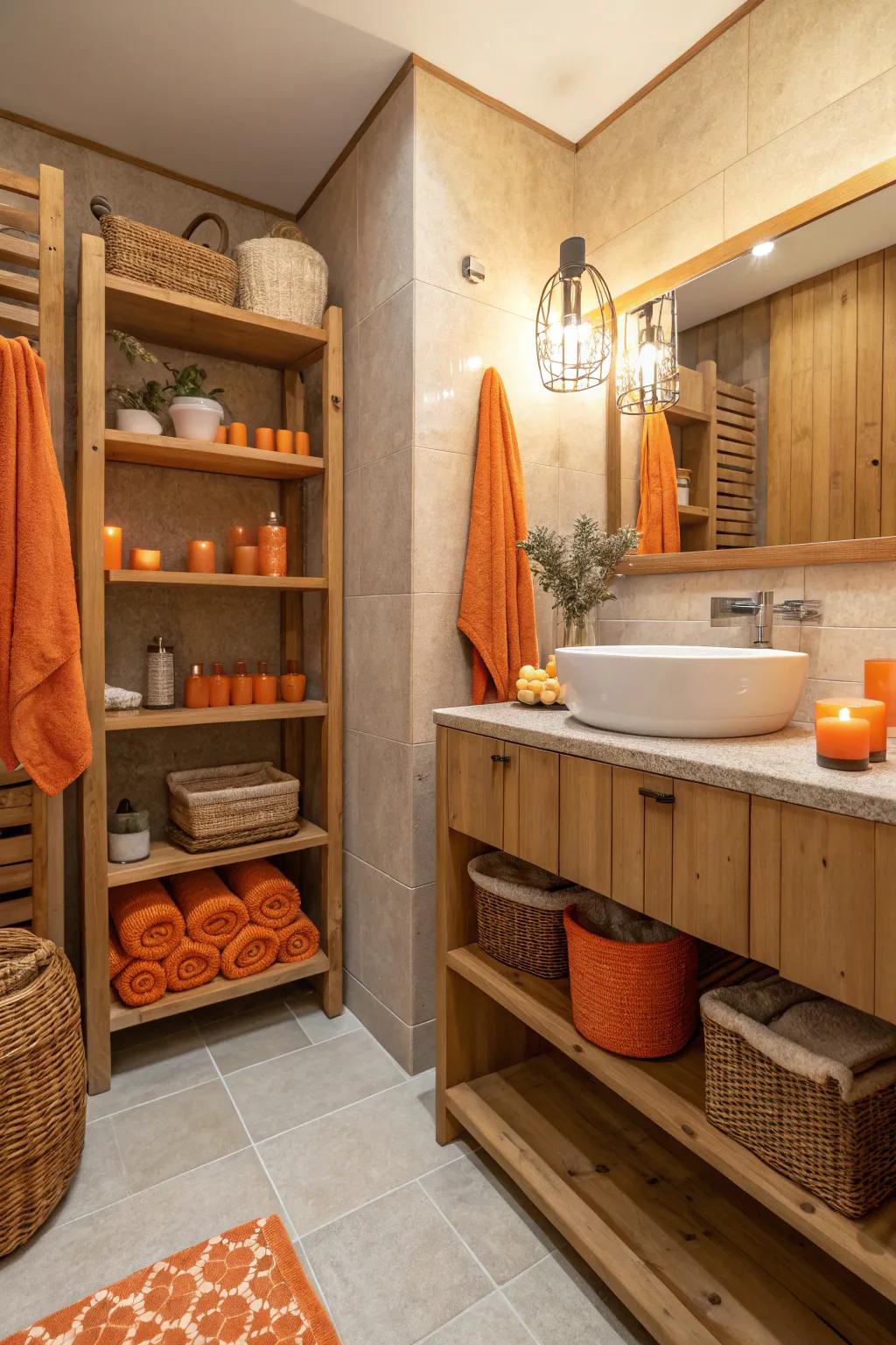 Orange accents combined with wooden shelving for a grounded and natural ambiance.