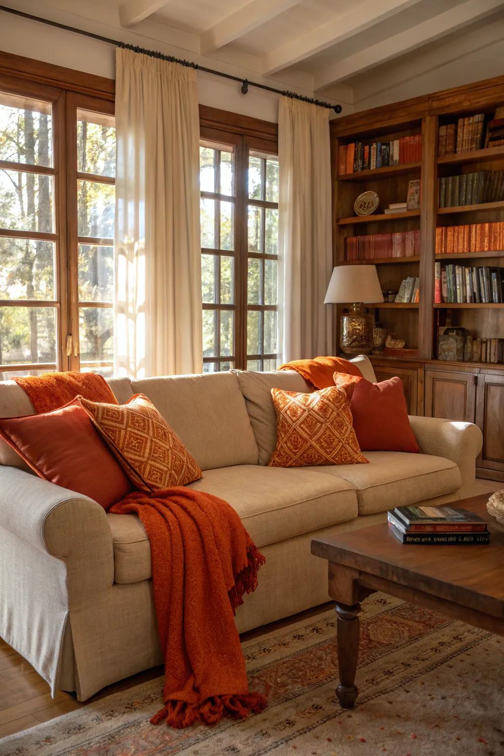 Tangerine pillows and throws introduce a burst of color, elevating the coziness of the space.