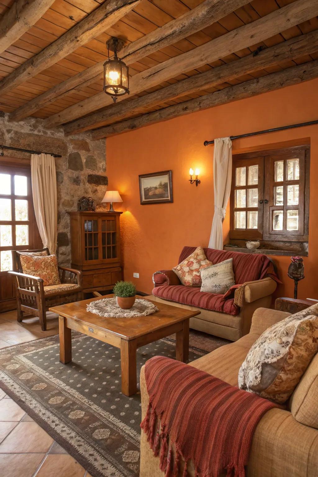 Imagine a rustic space with orange walls and wood furniture, creating the ultimate cozy escape.