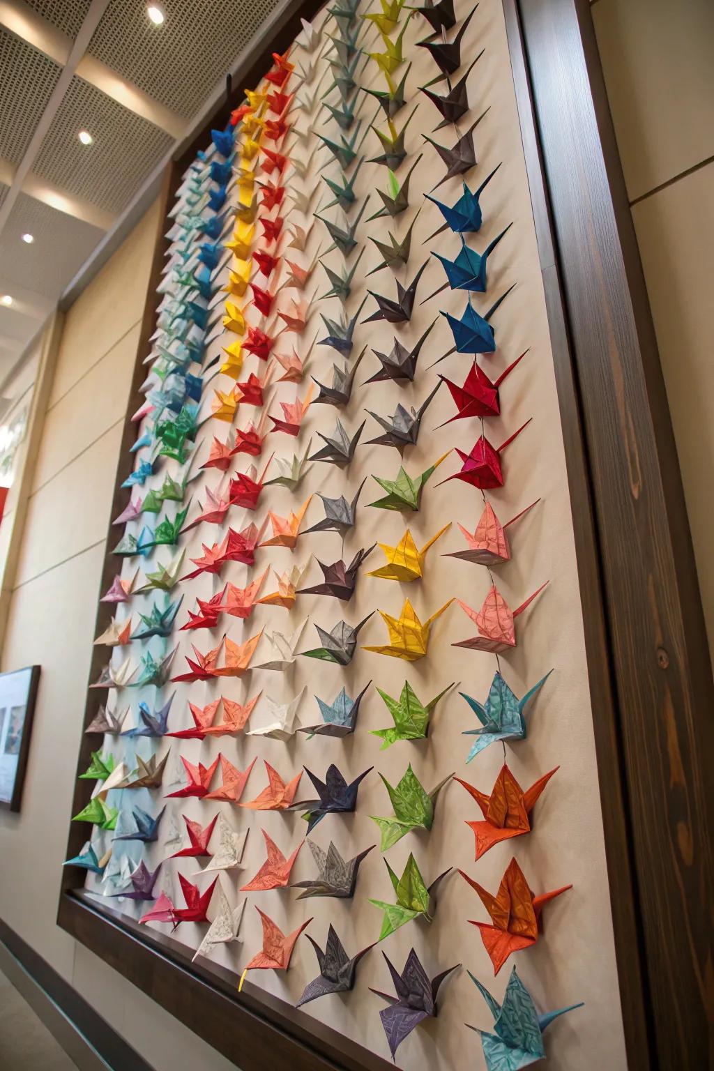 Framed paper cranes exhibiting timeless charm.