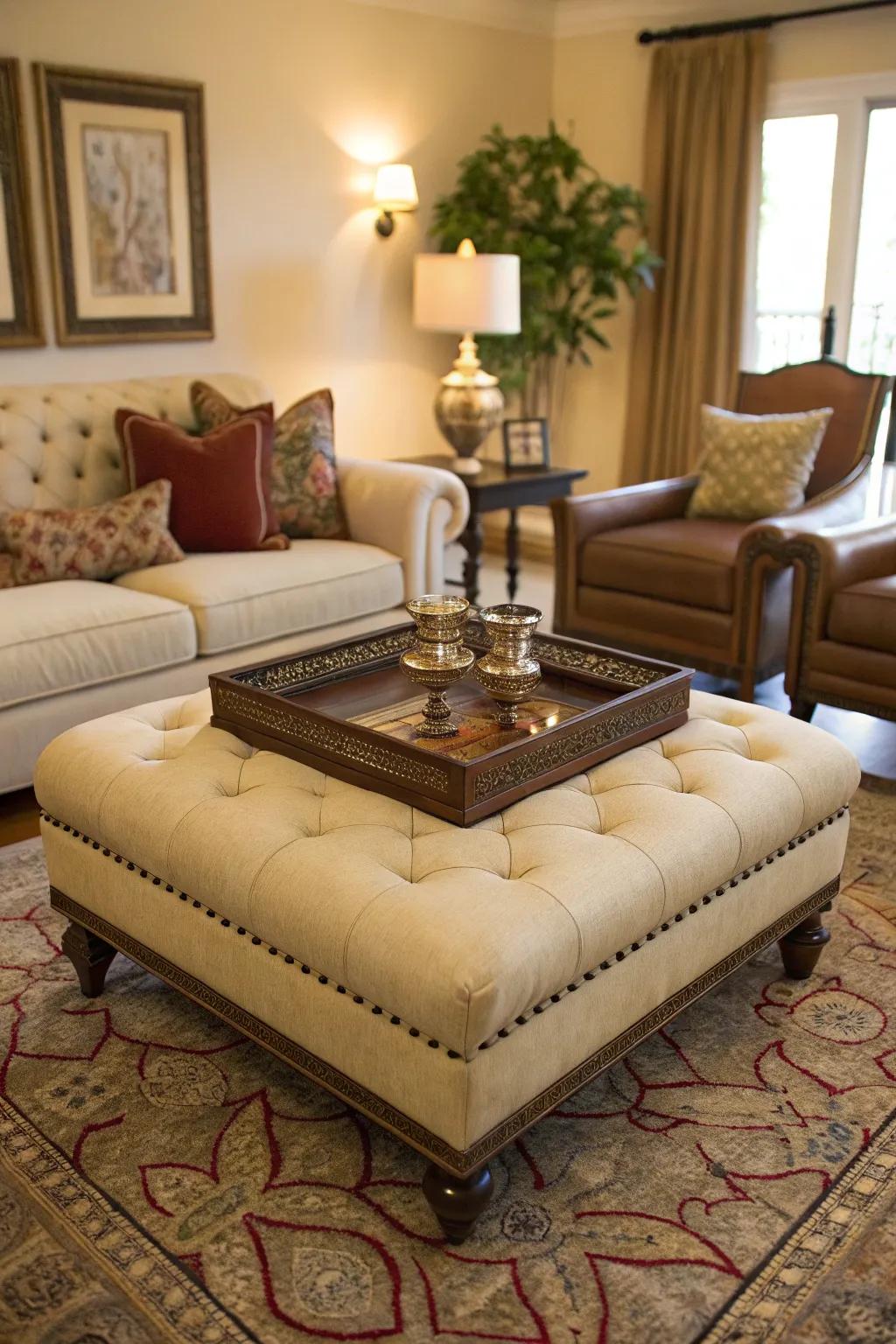A versatile ottoman serves as a center table with the inclusion of a decorative tray.