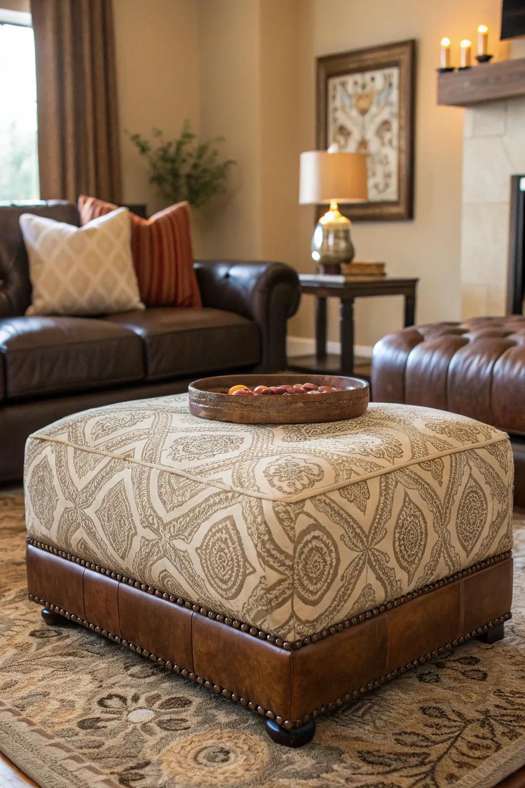 Using a fabric ottoman and leather accents to layer textures.