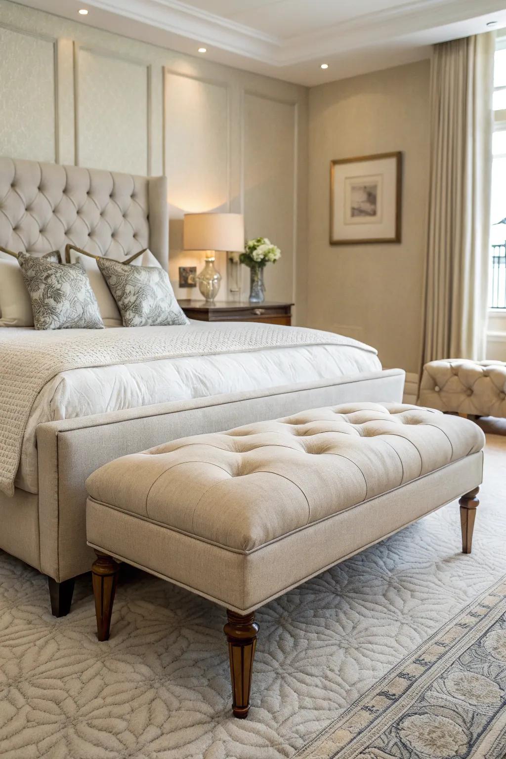 A sumptuous ottoman amplifying bedroom luxury