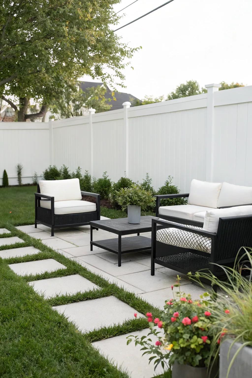 A minimalist patio displaying sleek black and white furniture for a pristine appearance.