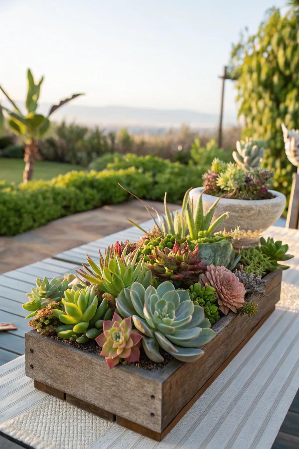 Fleshy plants present a modern, low-maintenance centerpiece alternative.