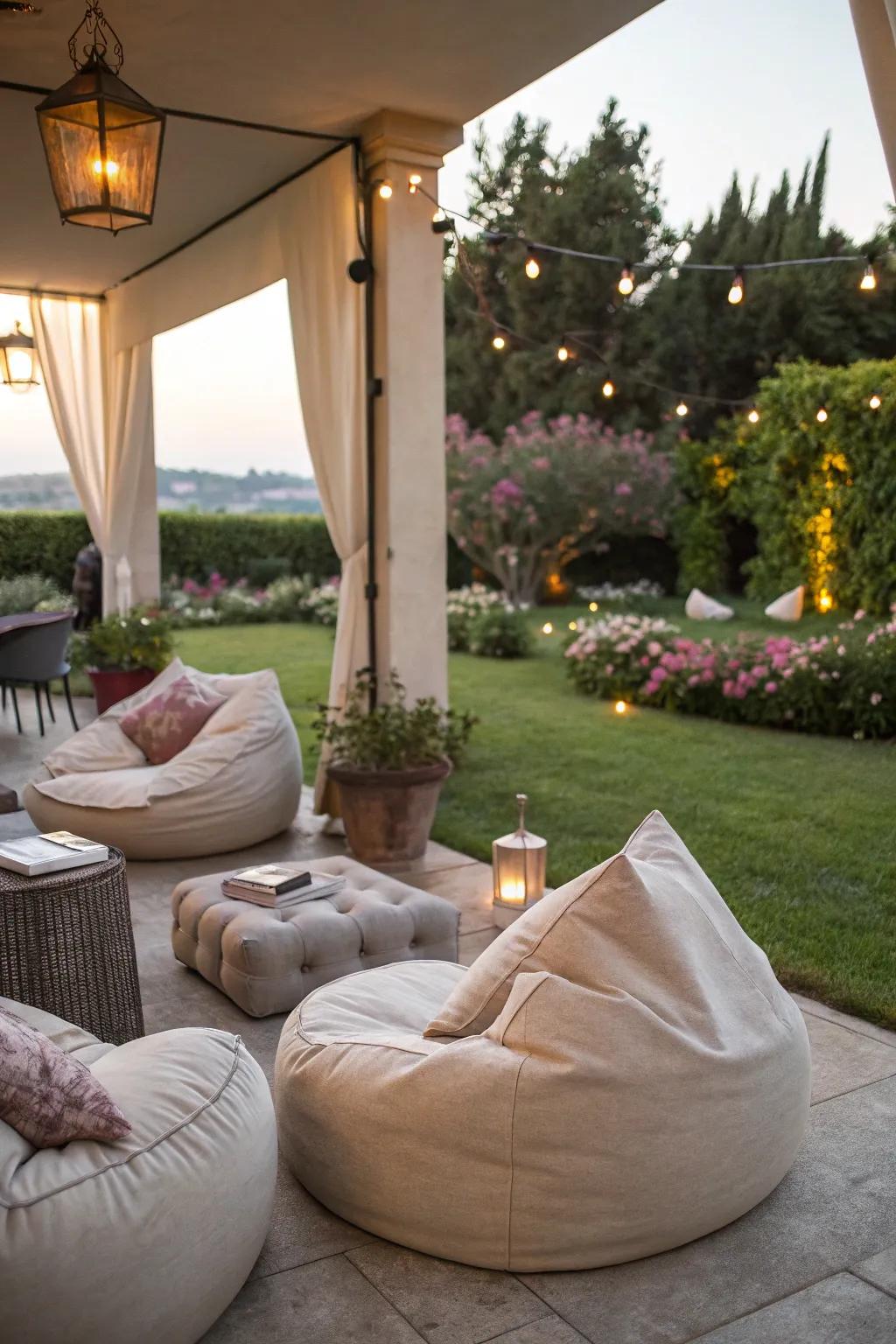 A welcoming outdoor relaxation location featuring appealing furnishings.