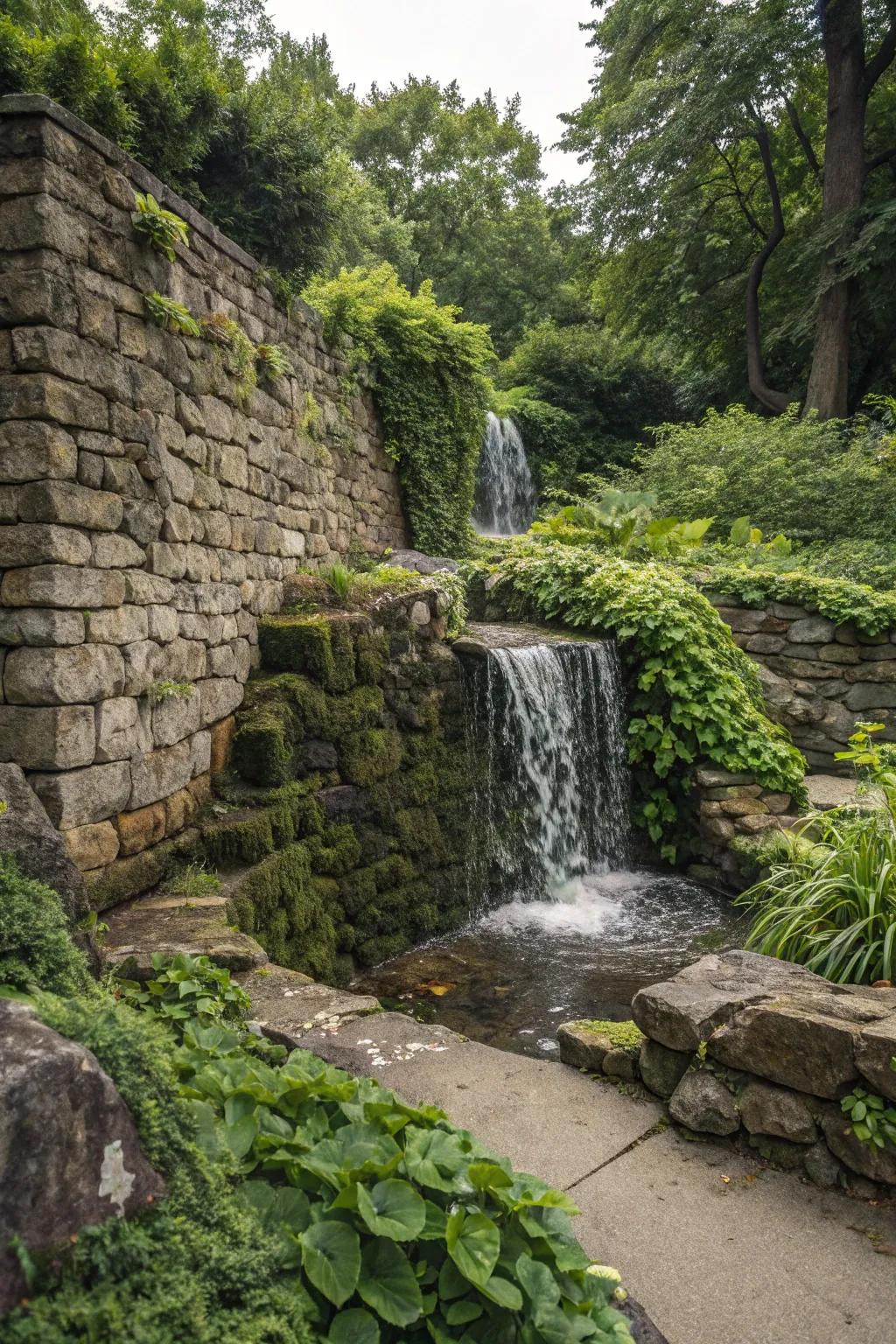 A cascade stone wall introduces a peaceful ambiance to any outdoor setting.