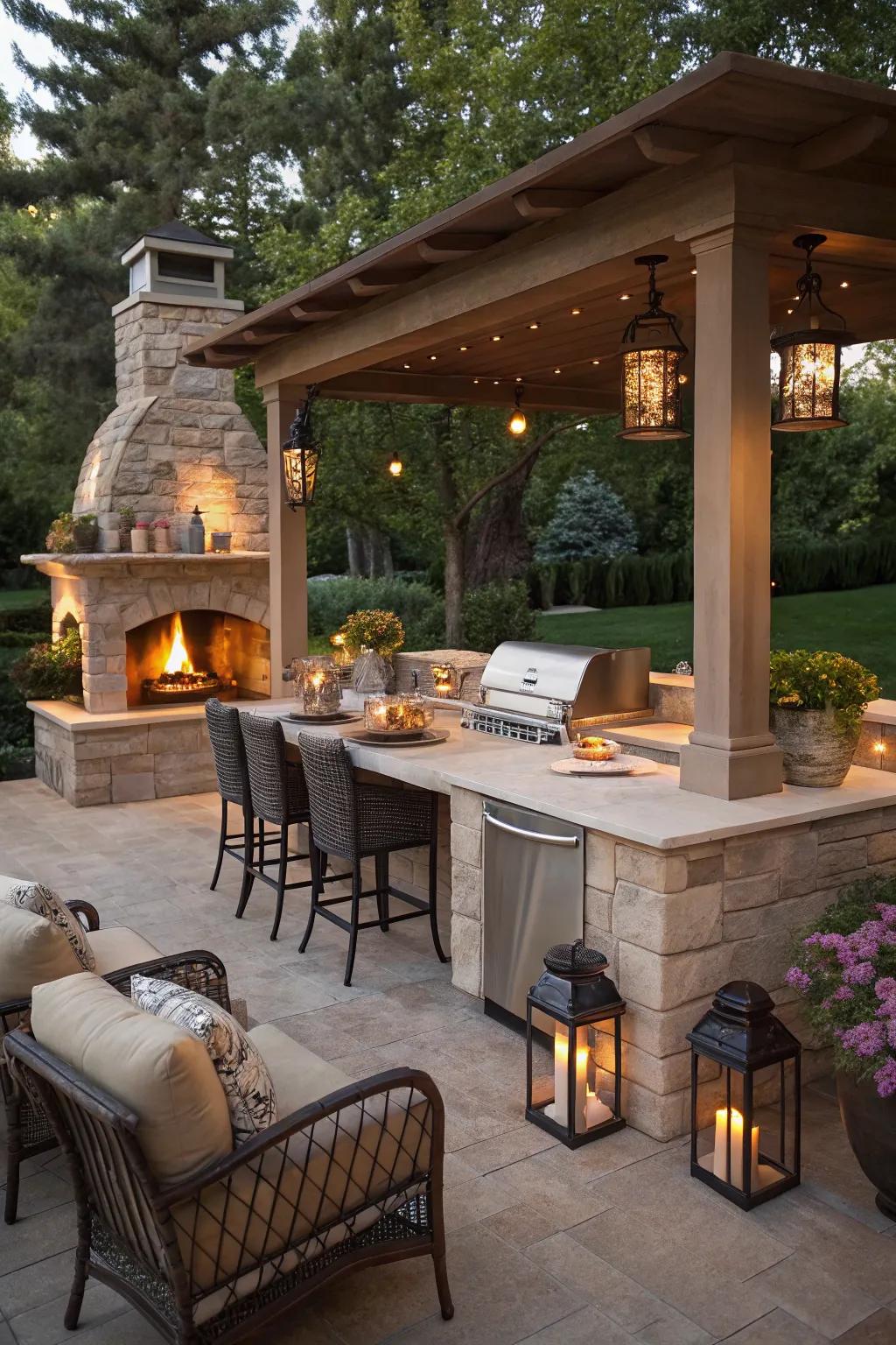 A fire feature introduces warmth and charm, ideal for cozy evenings.