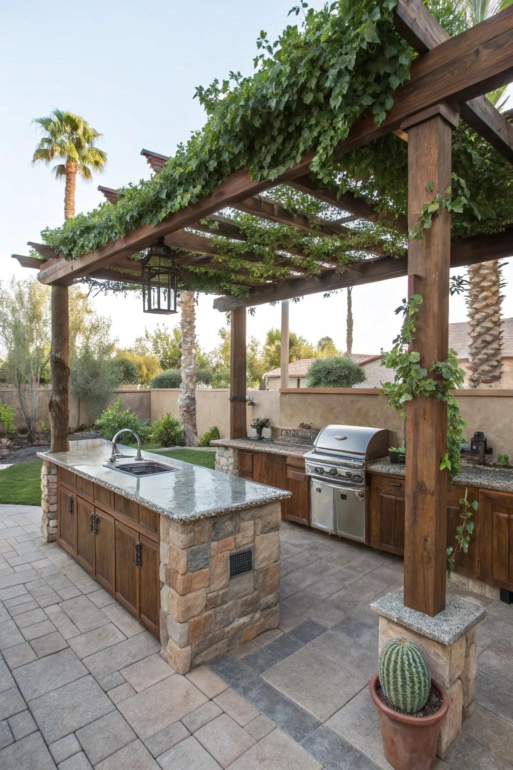 A pergola grants shade and formation to your cooking sector.