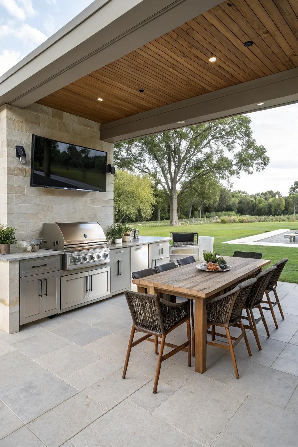 A rotating TV fixture provides versatile viewing angles, enhancing your outdoor entertainment adventure.