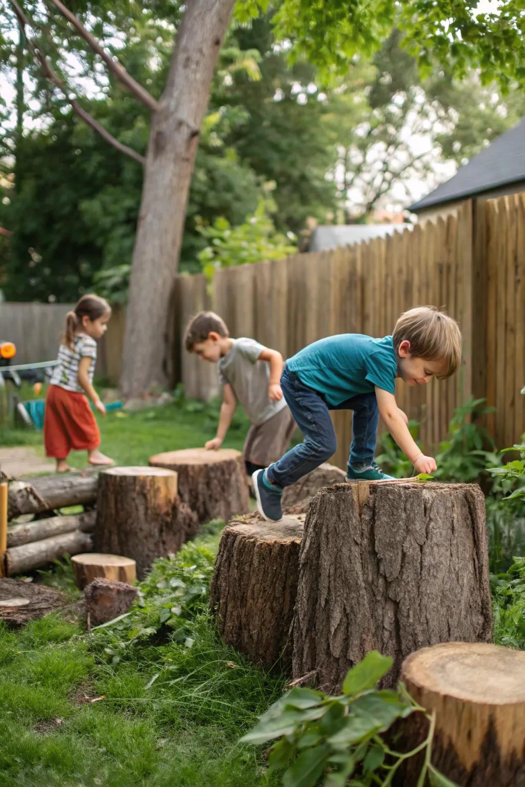 Encourage natural play with logs and stumps.