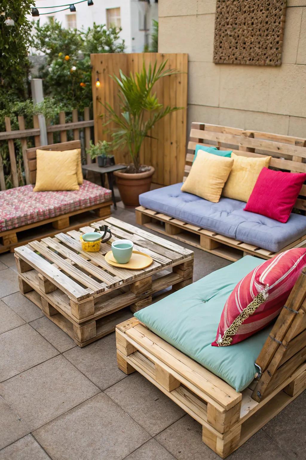 Repurposed decking seating provides adaptability and charm for imaginative outdoor areas.